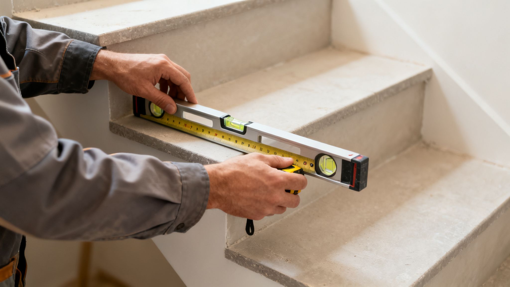 Nærbillede af en person, der måler og tjekker et trappetrin med et vaterpas og målebånd.