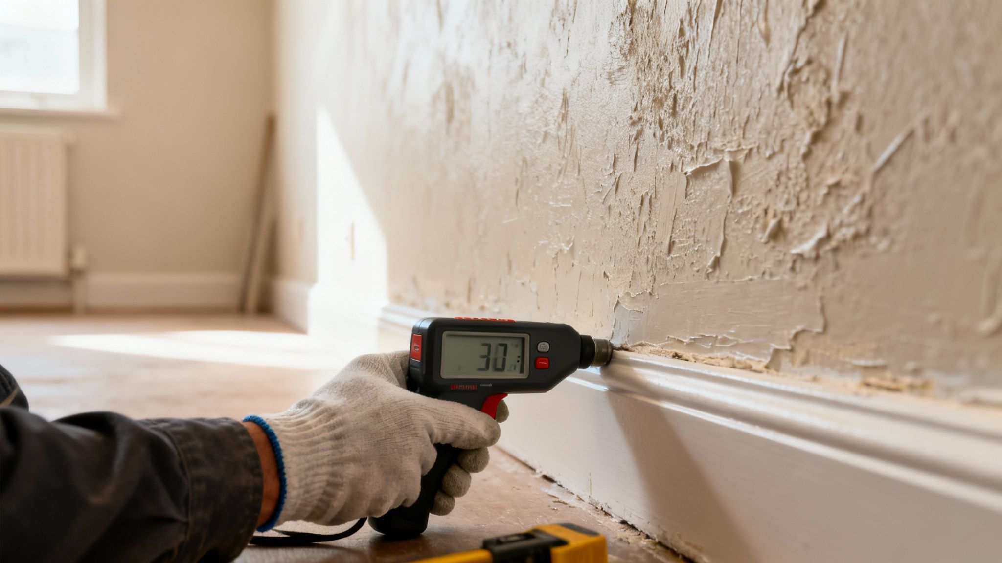 Person måler fugt i væg med afskallende maling. Fugtmåler viser 30.1, indikerer fugtskade nær fodpanel.