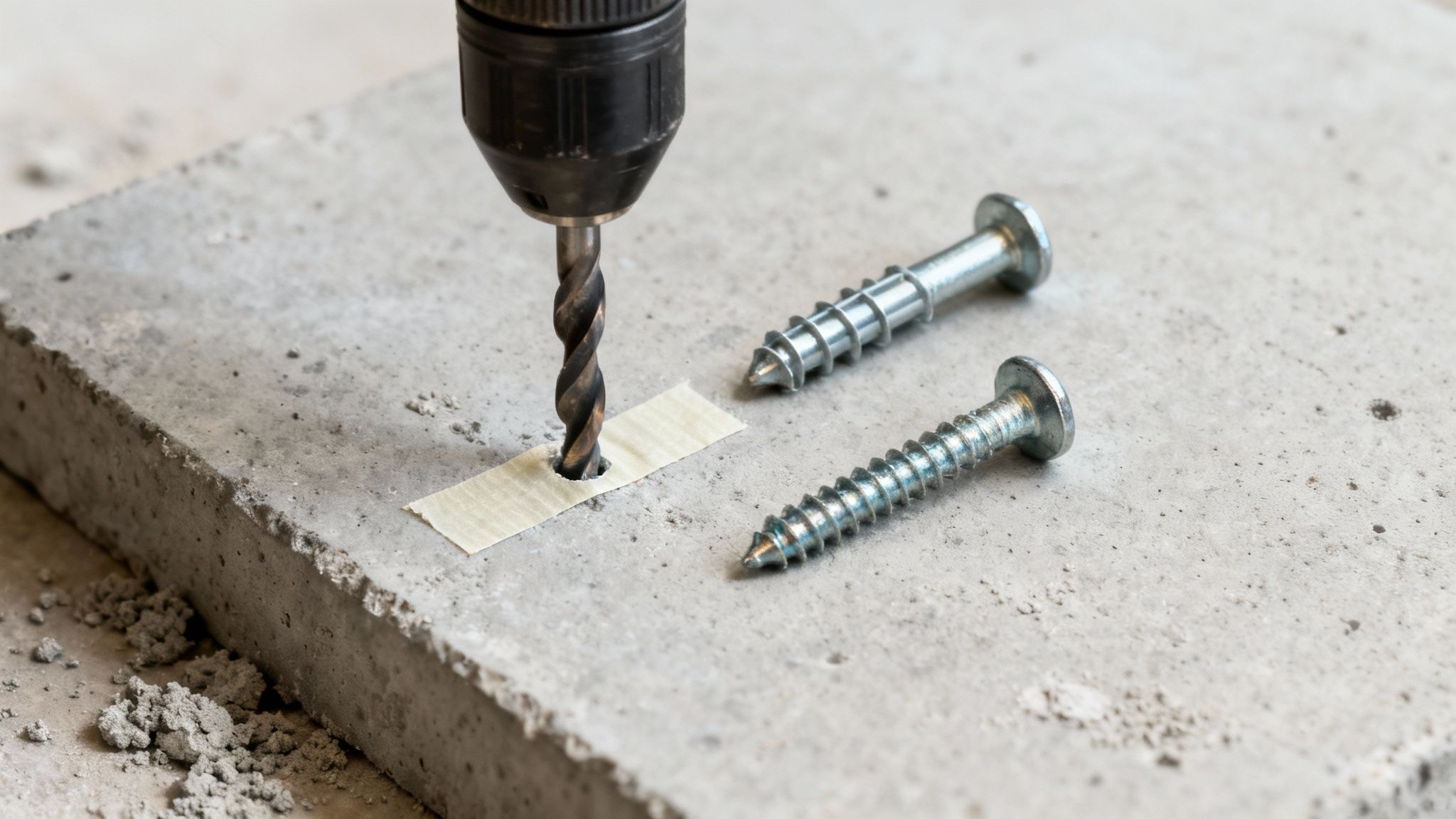 Detaljeret billede af boremaskine, der borer i betonblok med skruer og tape.