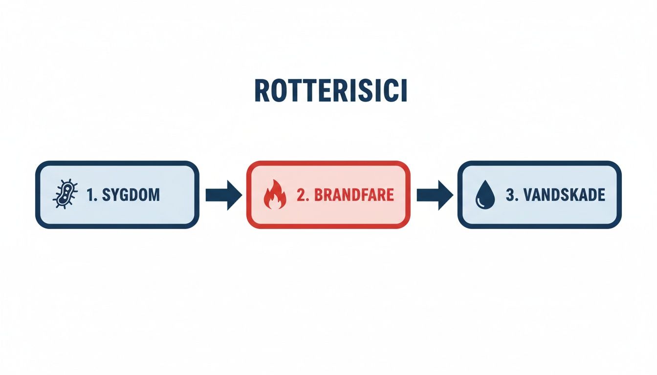 Diagram viser rotterisici med tre trin: 1. sygdom, 2. brandfare og 3. vandskade.