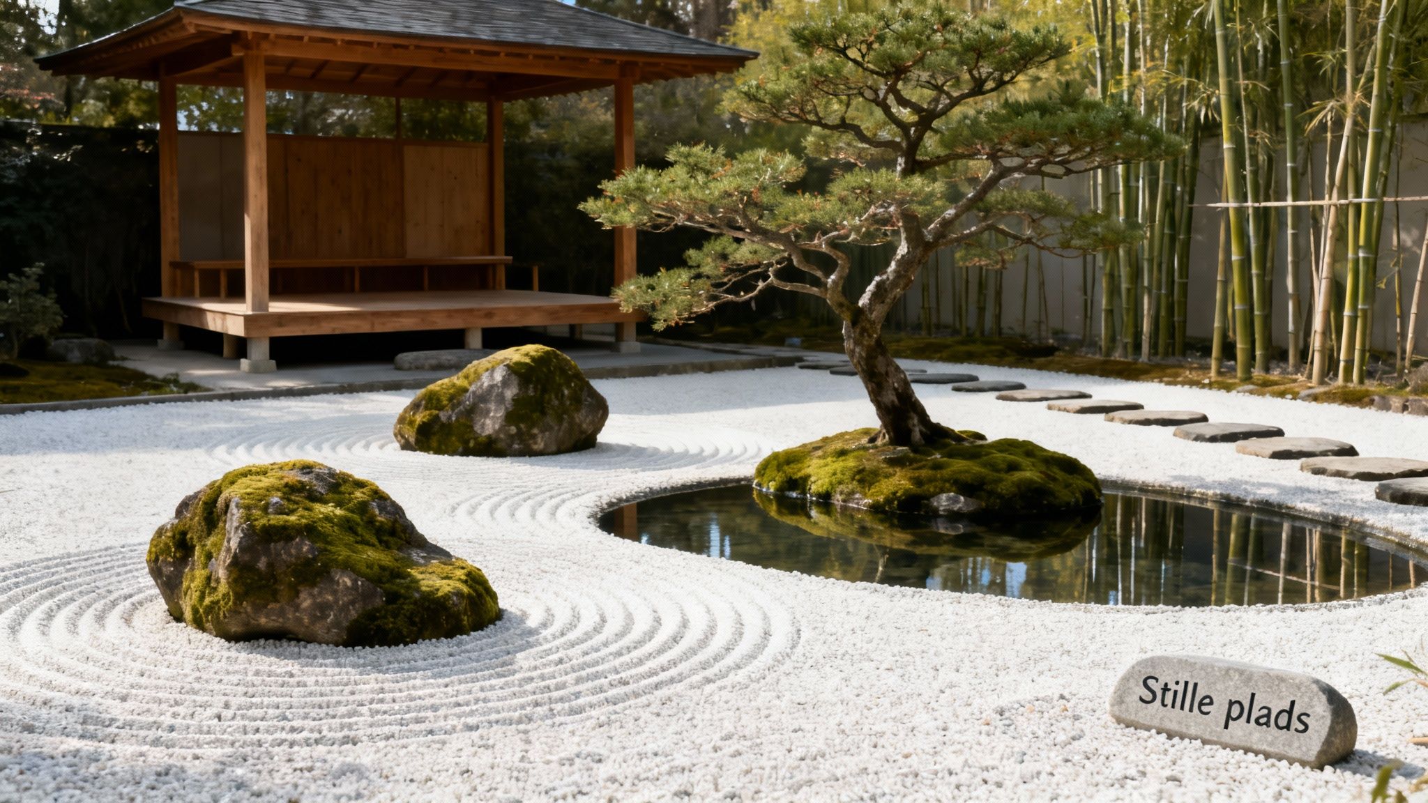 Et roligt japansk zen-haveanlæg med hvidt grus, klipper, bonsaitræ, dam og bambus.