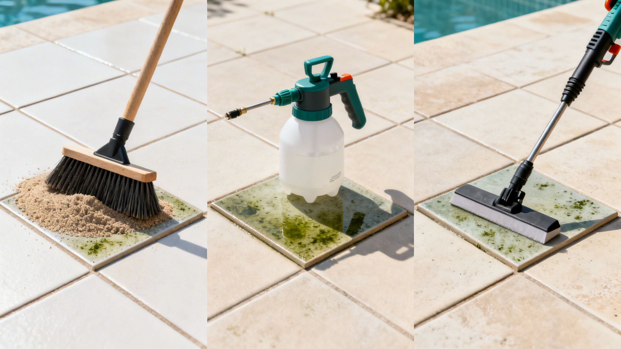Tre trin for at fjerne alger og sand fra fliser: fejning, sprøjtning og skrubning ved poolområdet.