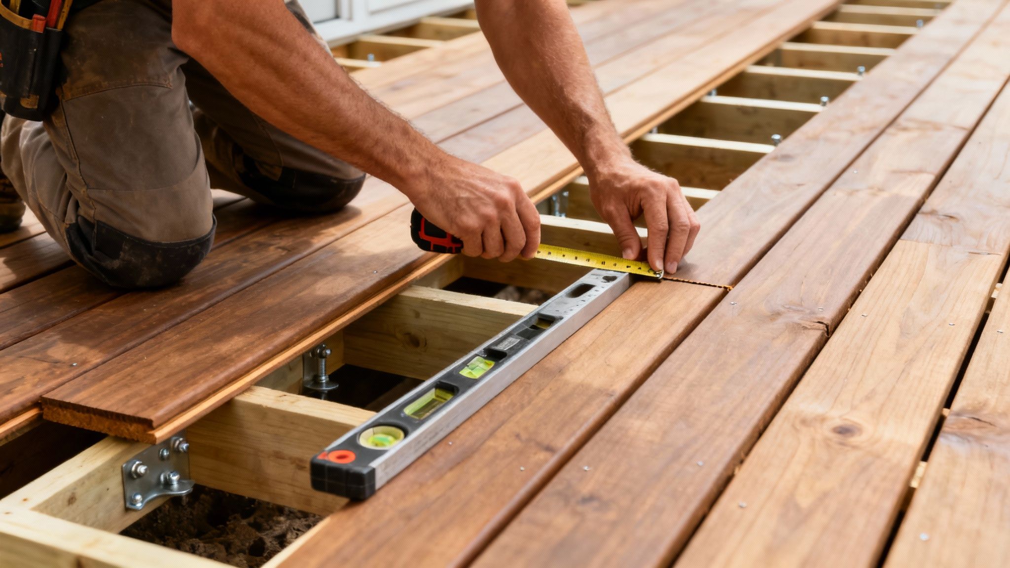 En håndværker måler træbrædder til en terrassekonstruktion med et målebånd, med et vaterpas i forgrunden.