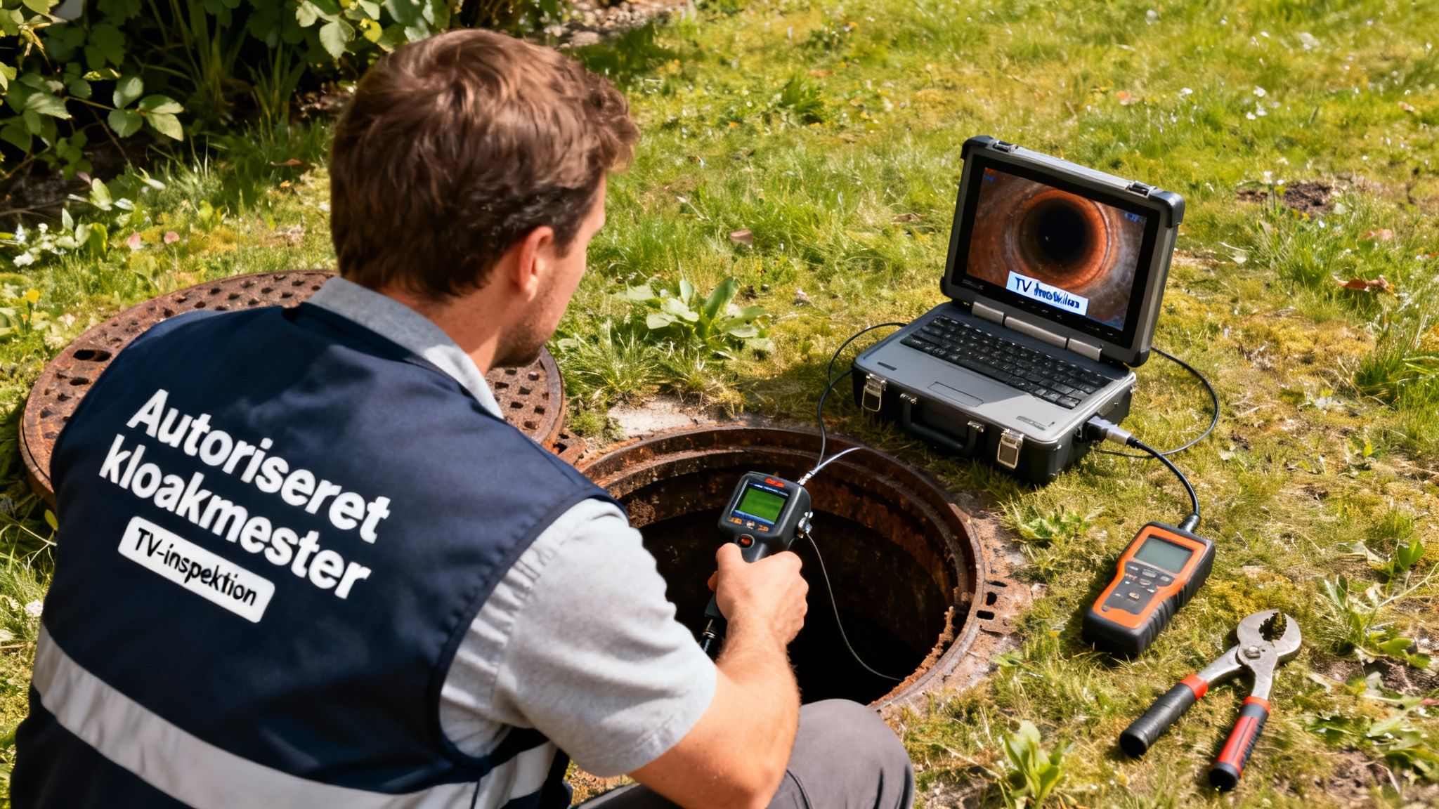 En en pålidelig kloakmester udfører TV-inspektion af en kloakbrønd med kamera og laptop.