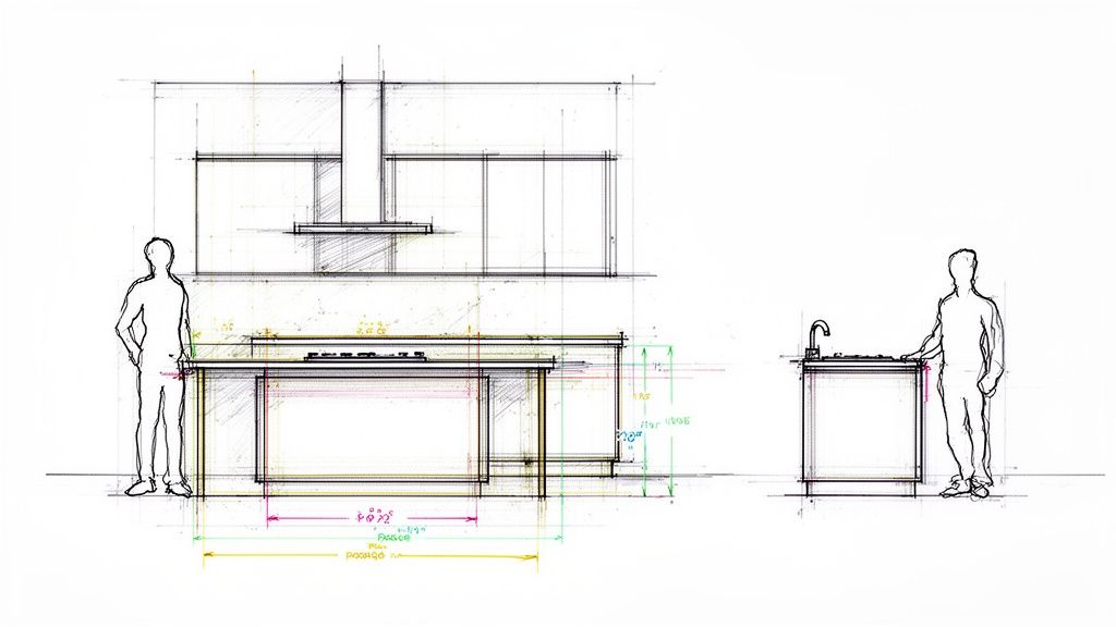 Detaljeret skitse af moderne kogeø med siddeplads, kogeplade og vask, inklusiv mål og figurer for skala.