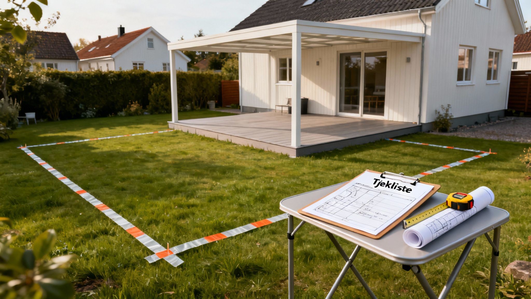 Baghave med nybygget overdækket terrasse og markeret græsplæne til byggeprojekt. Tegninger og målebånd ses på bordet.
