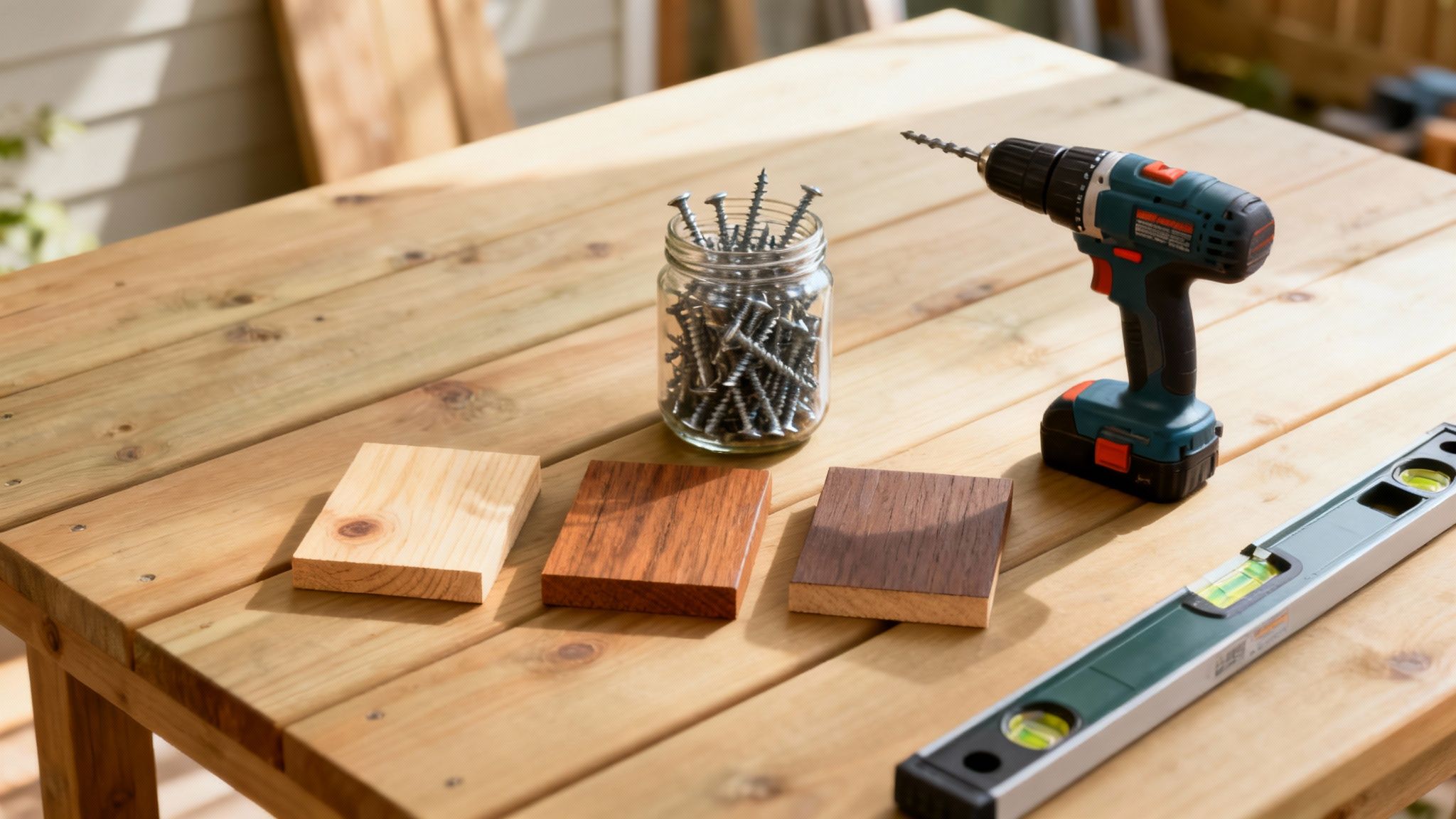 Et udvalg af træbræder og værktøj til at bygge en træterrasse