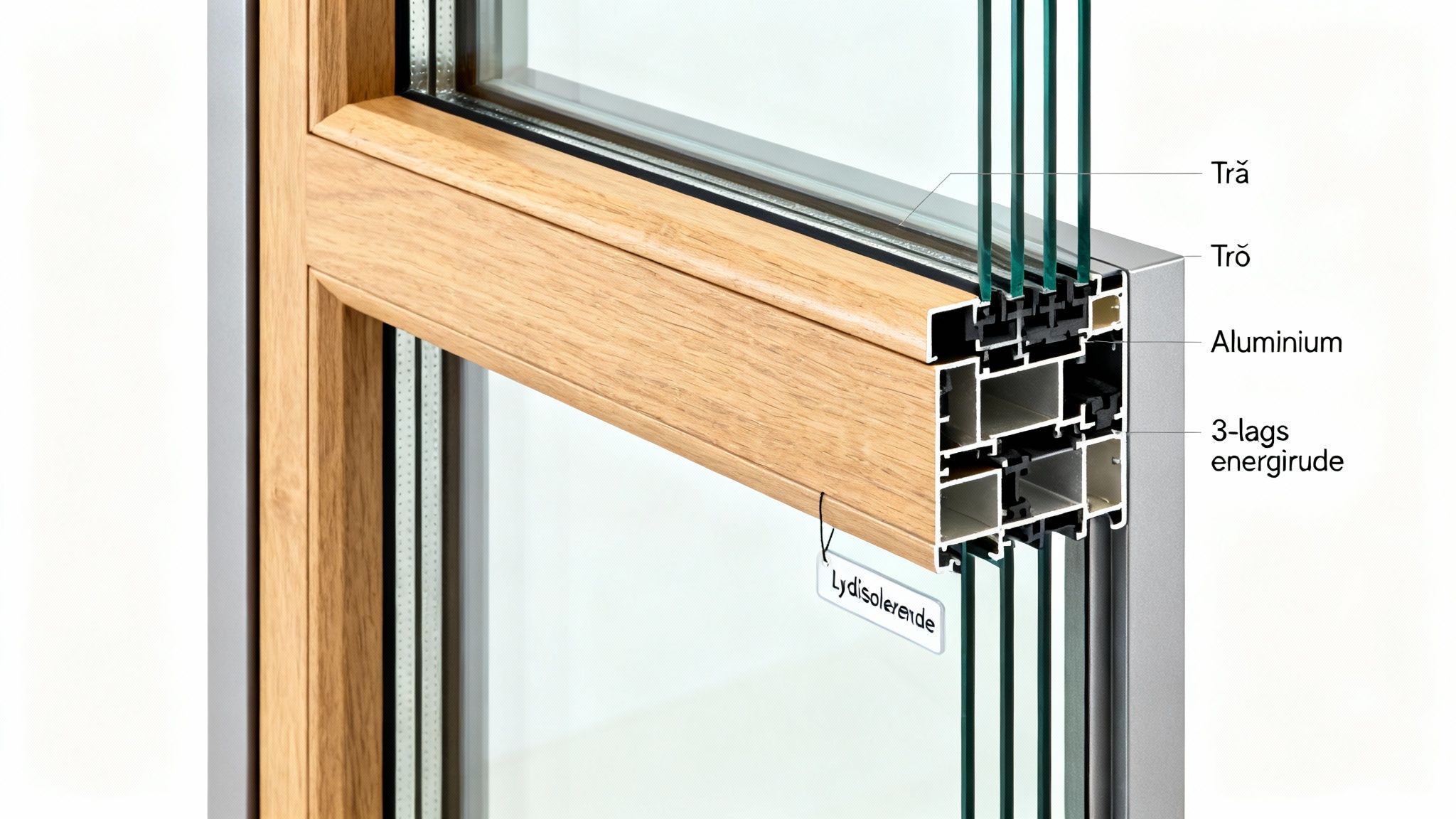 Nærbillede af et vindues tværsnit, der viser trærammen, aluminiumsprofilen og det tredobbelte energiglas, med en lydisolerende funktion.