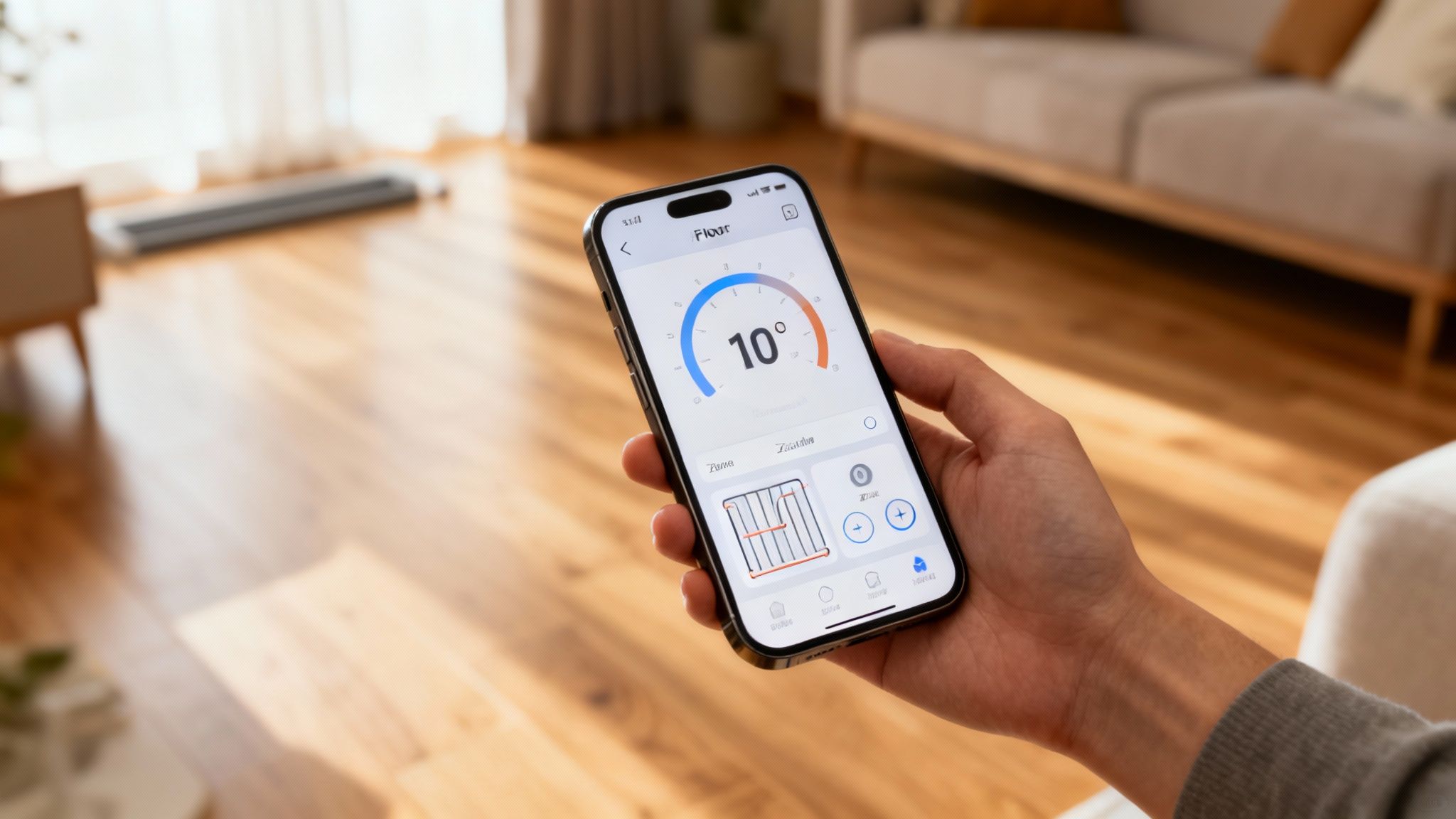 En hånd holder en smartphone med en app til styring af gulvvarme og temperatur i et moderne hjem.