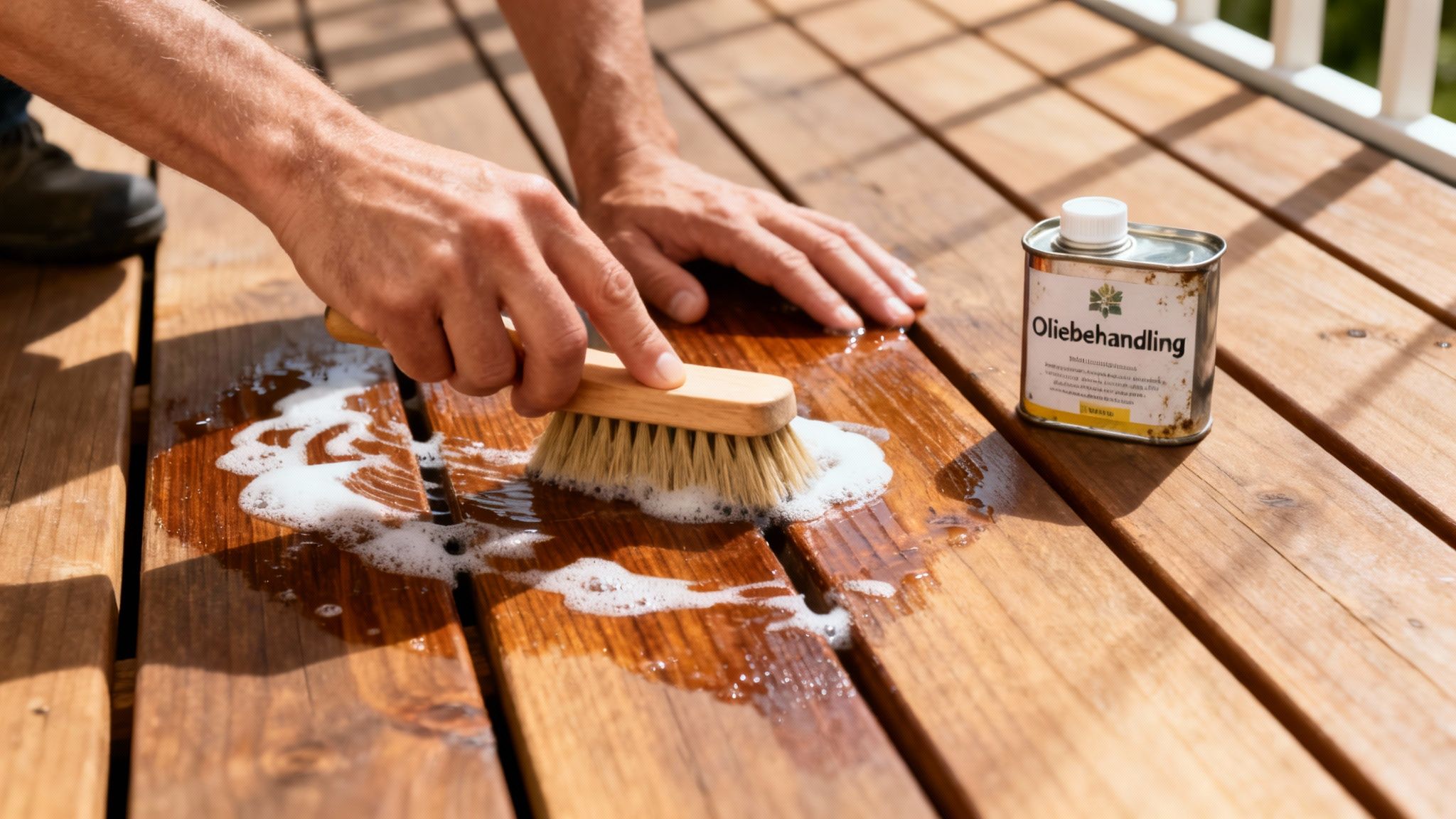 Nærbillede af en person, der behandler en træterrasse med træolie ved hjælp af en børste, med en dåse ved siden af.