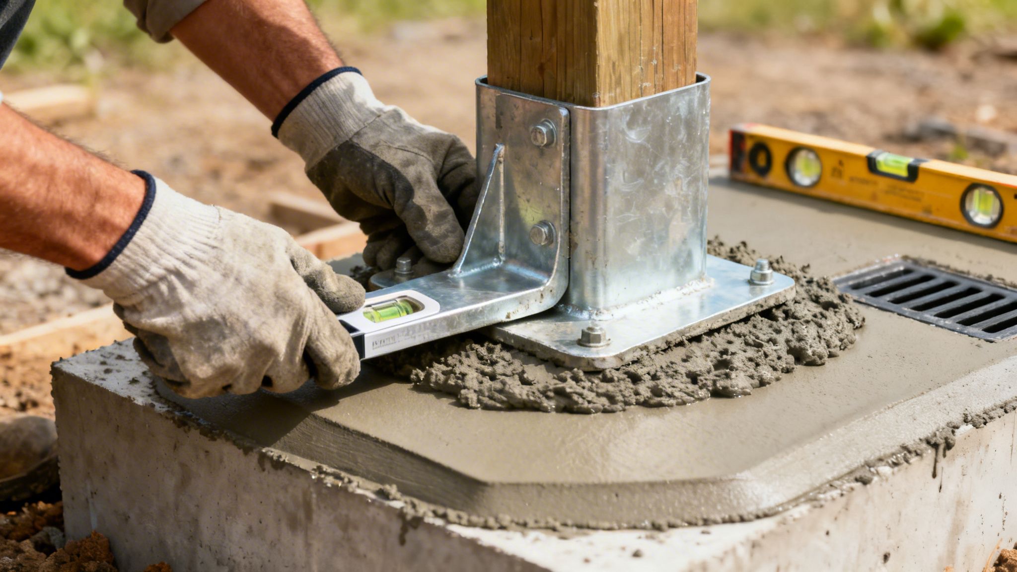 En person i handsker bruger et vaterpas til at tjekke en metal stolpefod på frisk beton. En træstolpe er monteret.