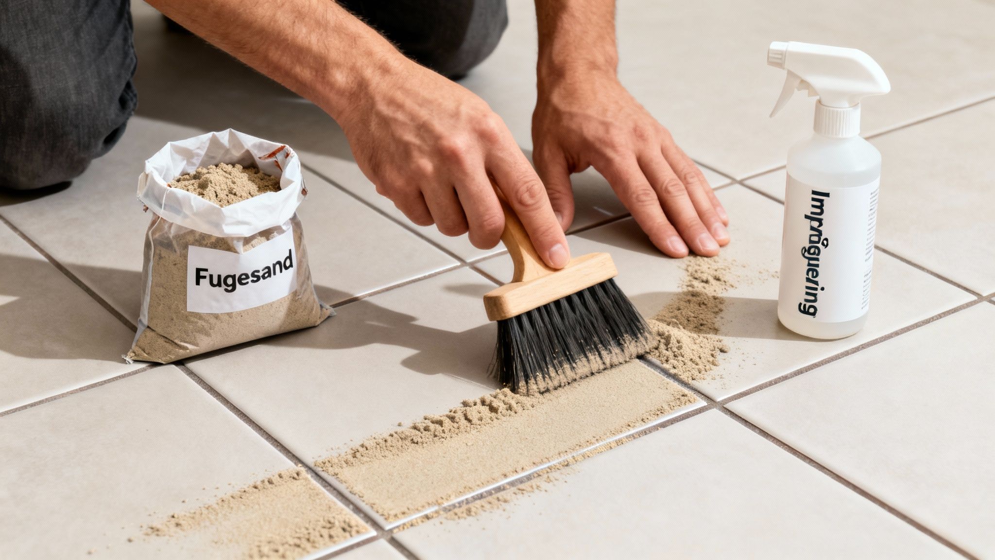 En person fylder fuger med fugesand ved hjælp af en kost, ved siden af en pose og en flaske imprægnering.