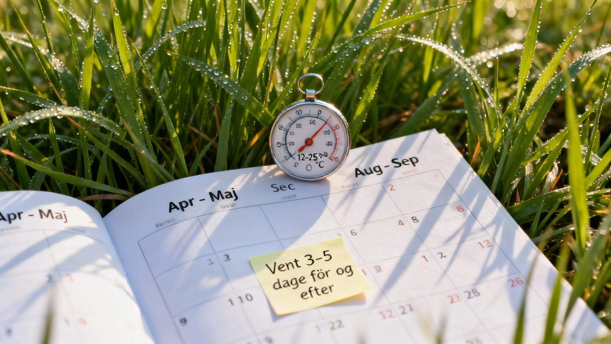 Termometer og kalender på dugvådt græs med en note om at vente 3-5 dage.
