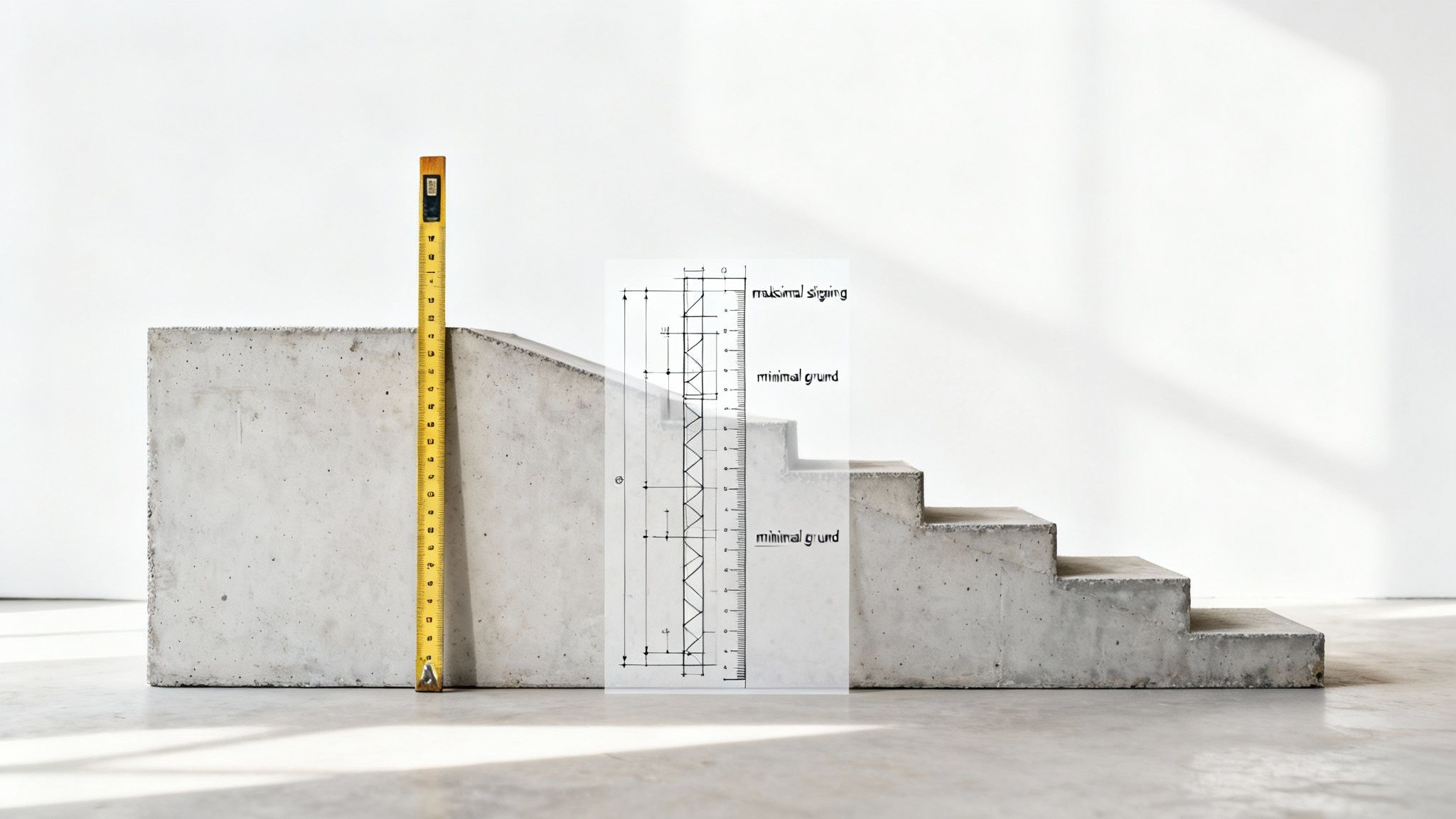 Målebånd mod en betontrappe med en teknisk tegning, der viser optimale højder på trappetrin.
