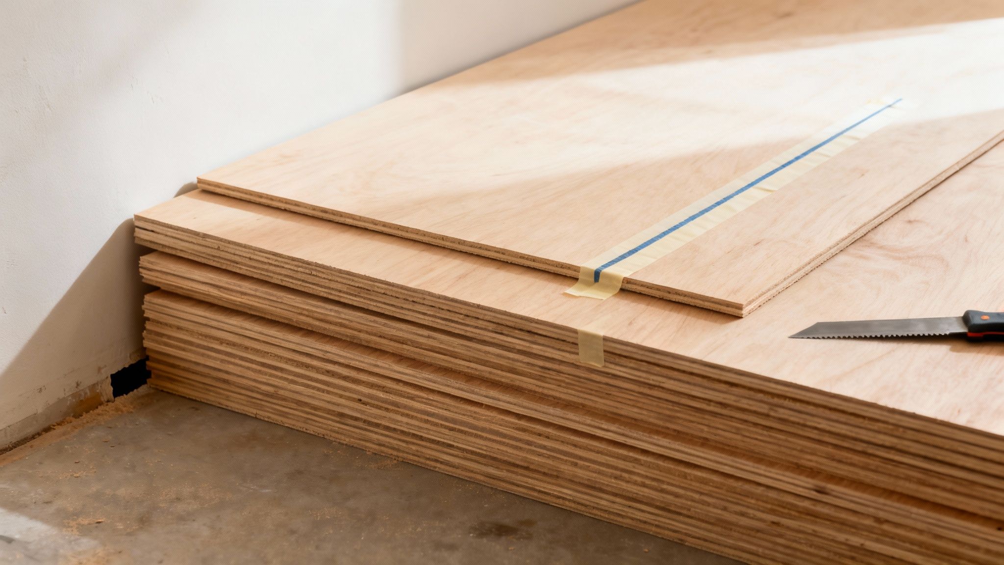 En stak krydsfinerplader ligger på gulvet, med en sav og tape på den øverste plade, klar til brug.