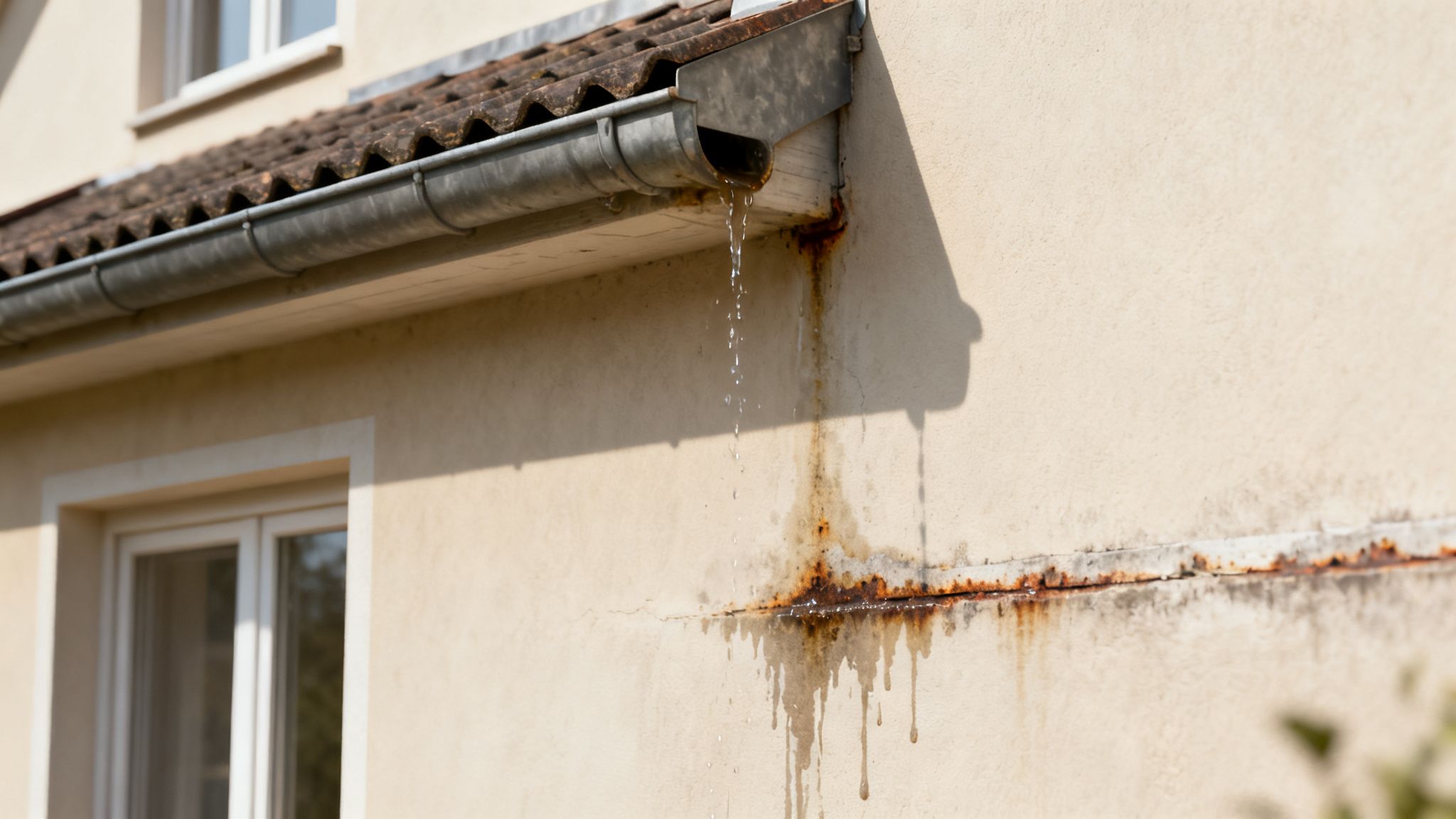 Vand løber over fra en utæt tagrende på et hus, hvilket skaber rustpletter og fugtskader på væggen.