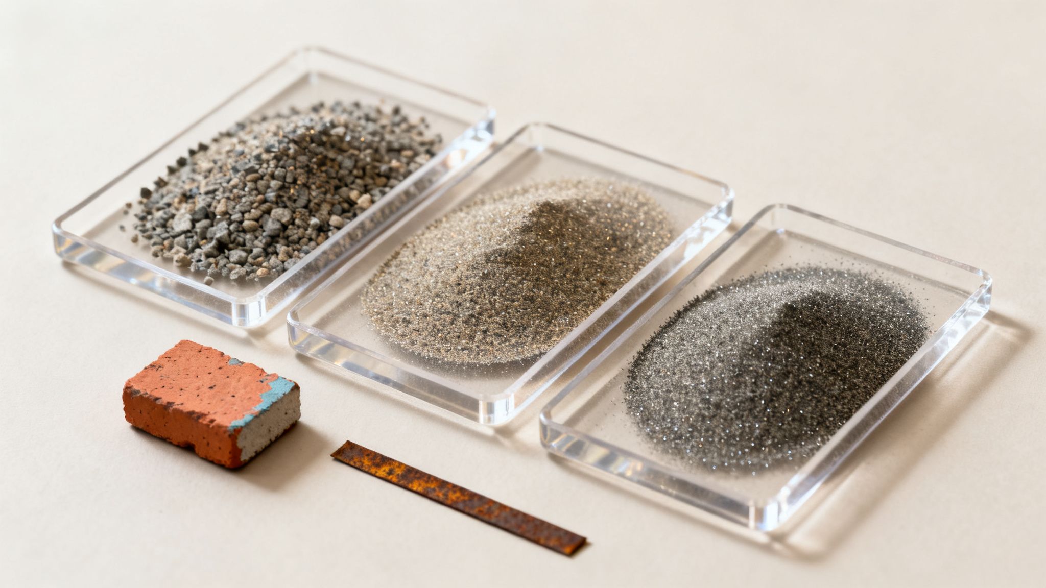 Tre gennemsigtige beholdere med sand og grus i forskellige kornstørrelser, samt en mursten og rustent metal.
