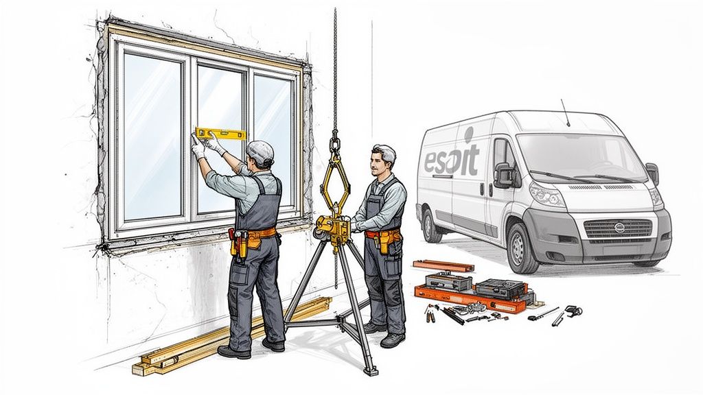 To arbejdere installerer et vindue med værktøj og en løfteanordning, mens en varevogn holder i baggrunden.