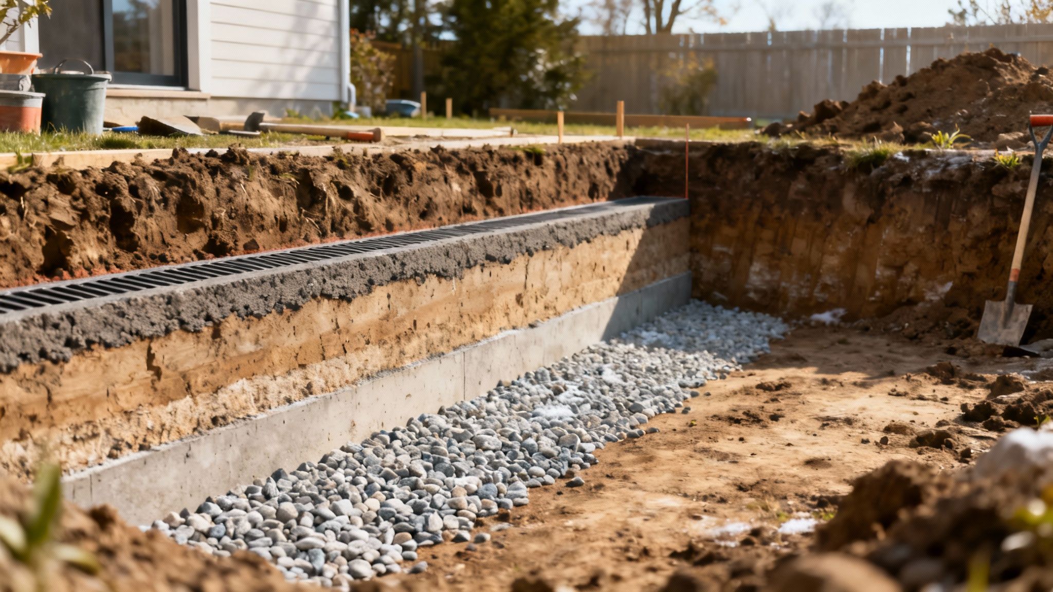 Udgravning og fundament med drænsten til bygning af overdækket terrasse i baghave