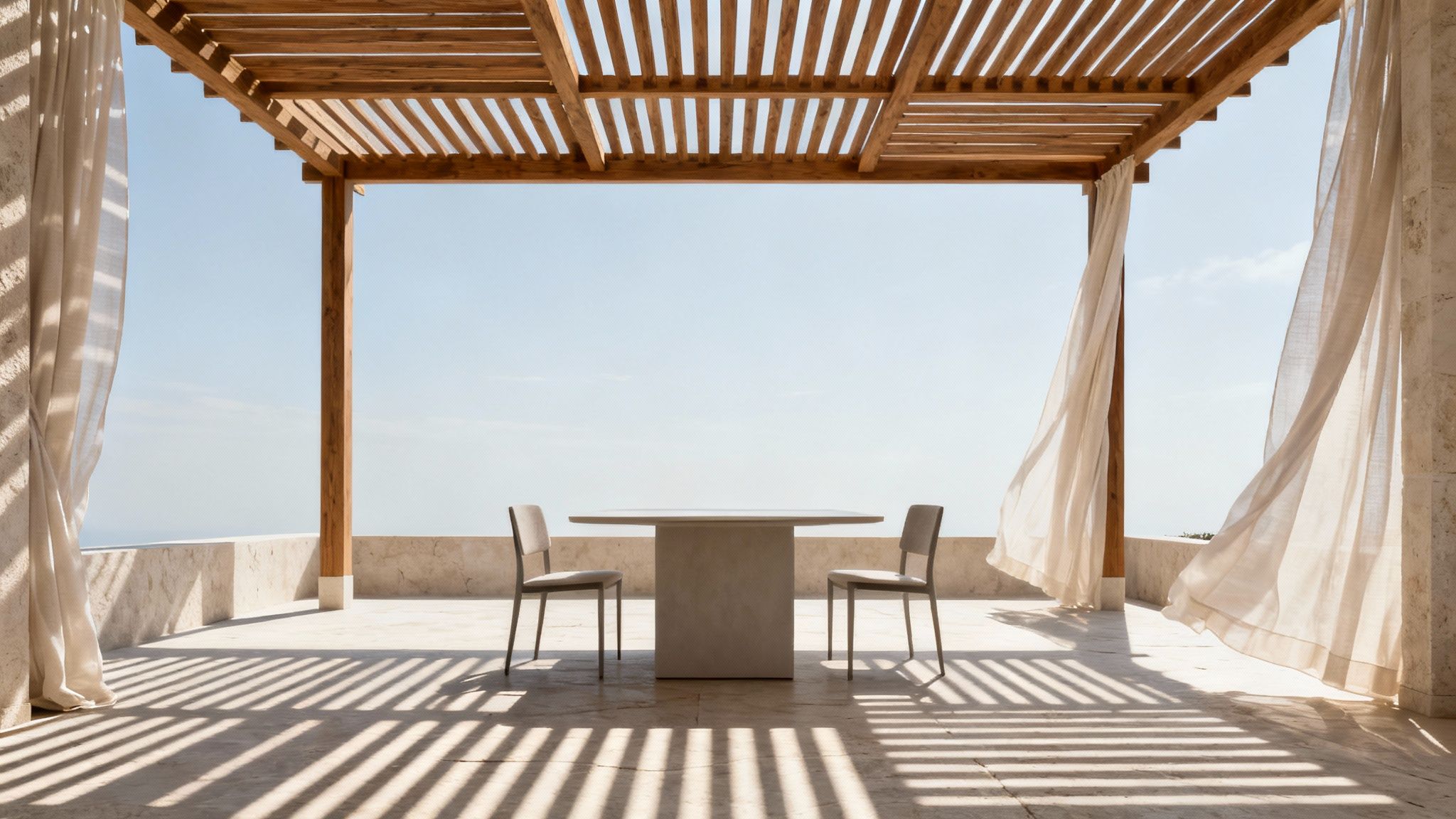 En overdækket terrasse med en træpergola, et bord og stole, hvide gardiner og havudsigt under en blå himmel.