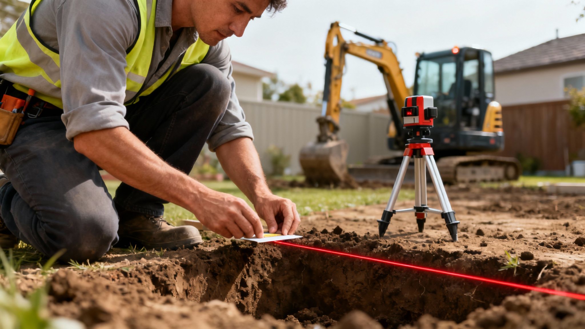 Mand i sikkerhedsvest bruger laserniveau og måleværktøj ved udgravning med gravemaskine i baggrunden.