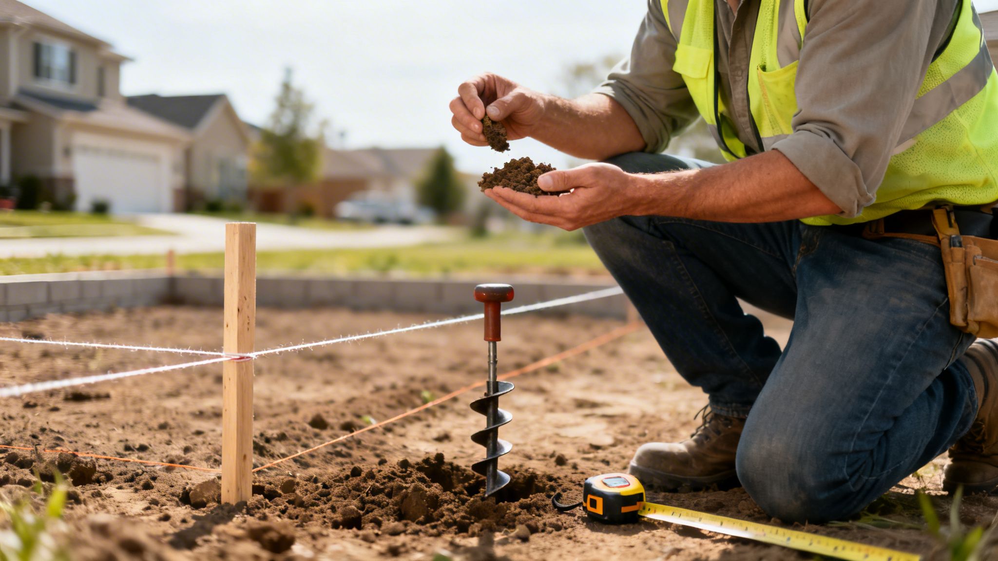 En byggearbejder undersøger jordprøver ved et jordbor og målebånd på en byggeplads med opsatte snore.