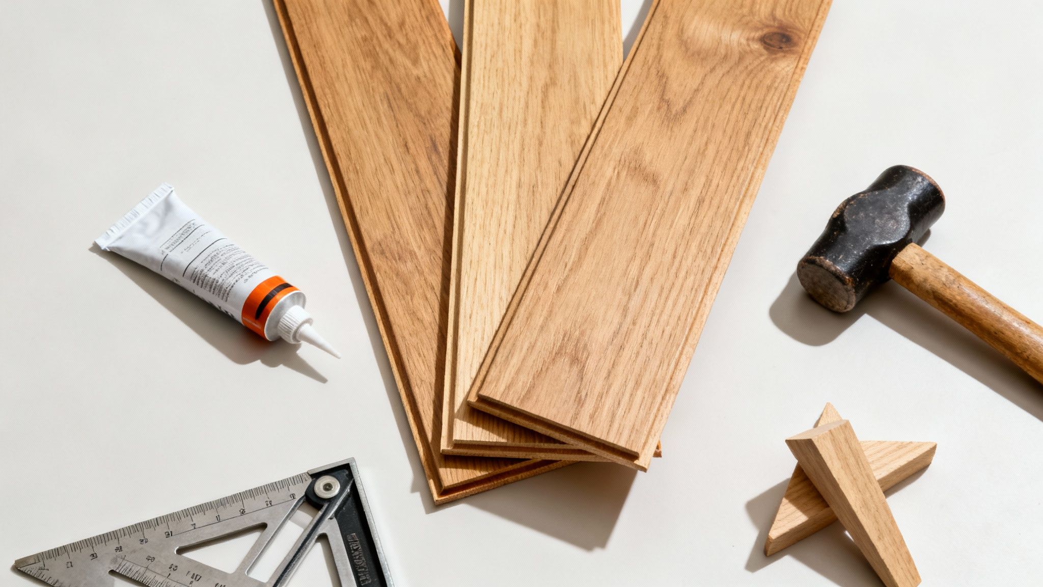Værktøj og materialer til gulvlægning: trægulvbrædder, lim, vinkelmåler, hammer og trækiler.
