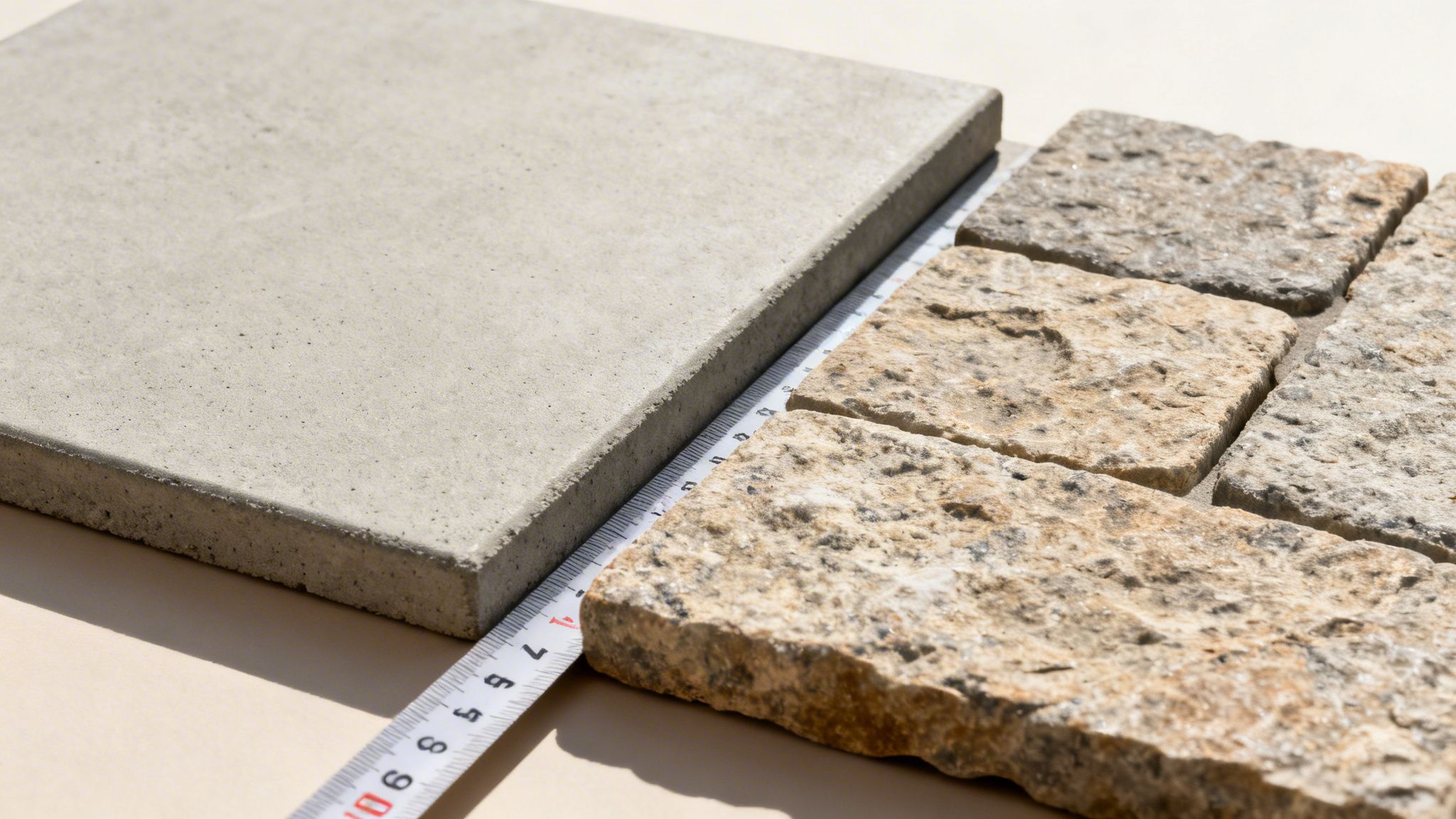 En glat betonflise ligger ved siden af ru stenfliser, adskilt af et målebånd. Viser materialer til anlægning af indkørsel eller terrasse.
