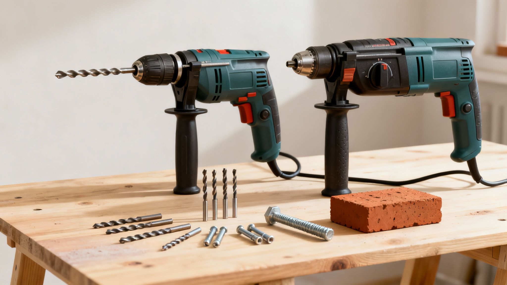 To boremaskiner, diverse bor, et anker og en mursten på et træbord.