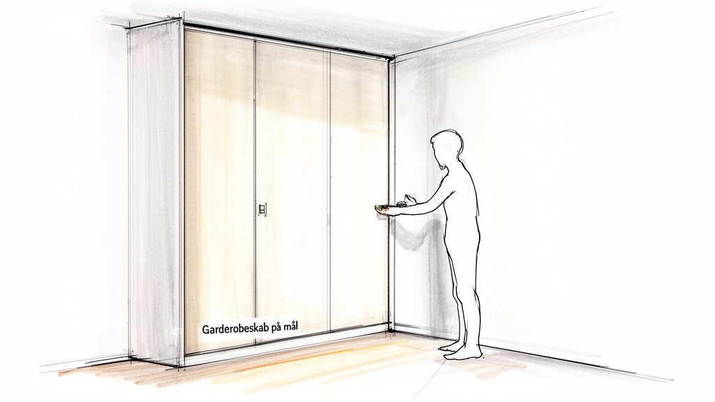 Skitse af et indbygget garderobeskab med skydedøre i et værelse. En person står foran skabet.