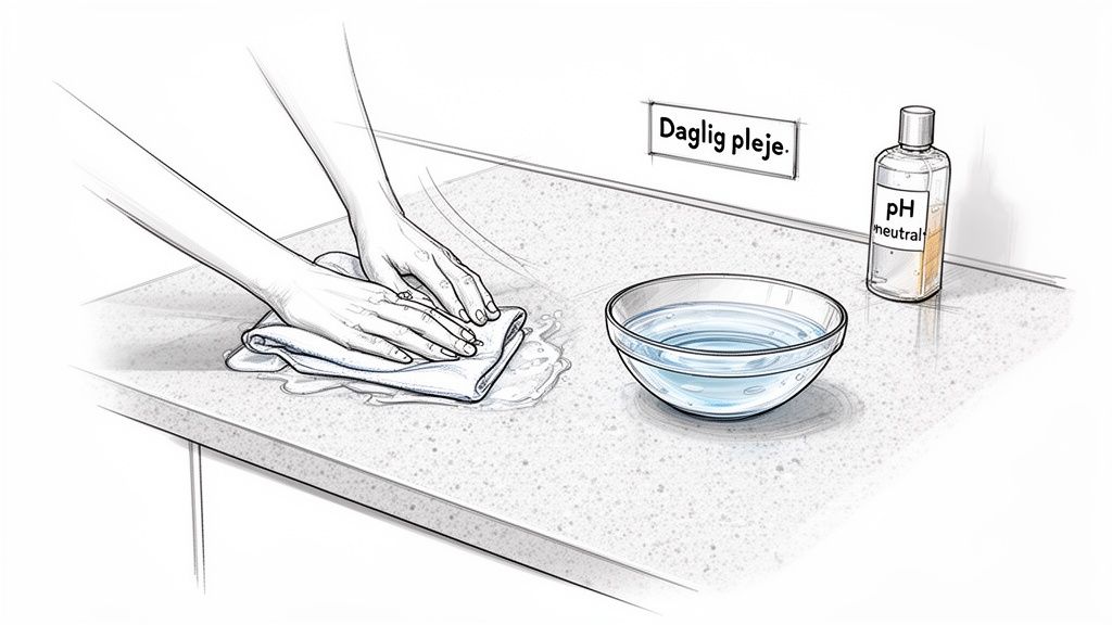 Hænder tørrer en bordplade med en klud, vand og pH-neutralt rengøringsmiddel for daglig pleje.