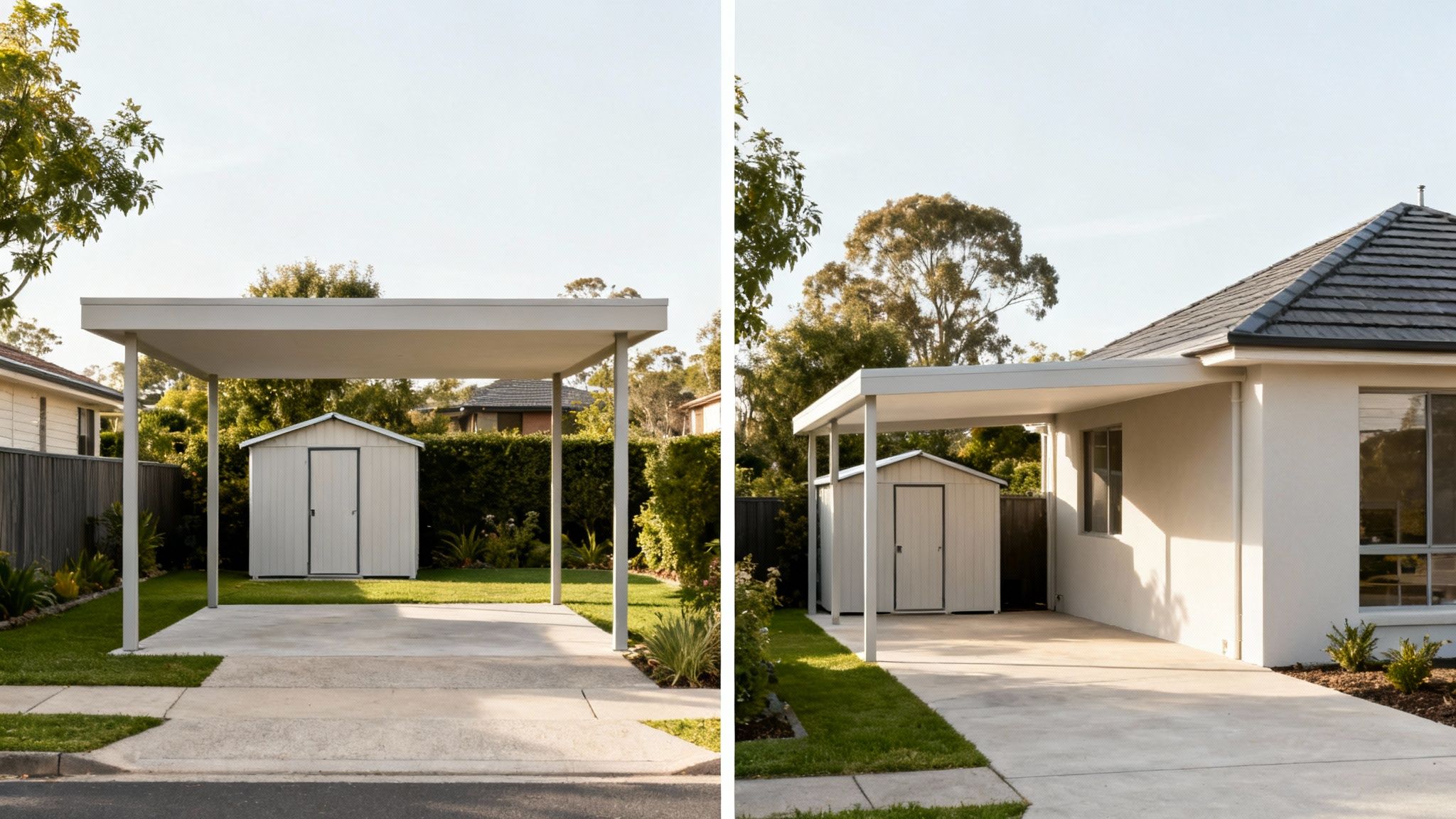 Moderne hvid carport med integreret skur i baghaven, vist fra to vinkler med grøn græsplæne