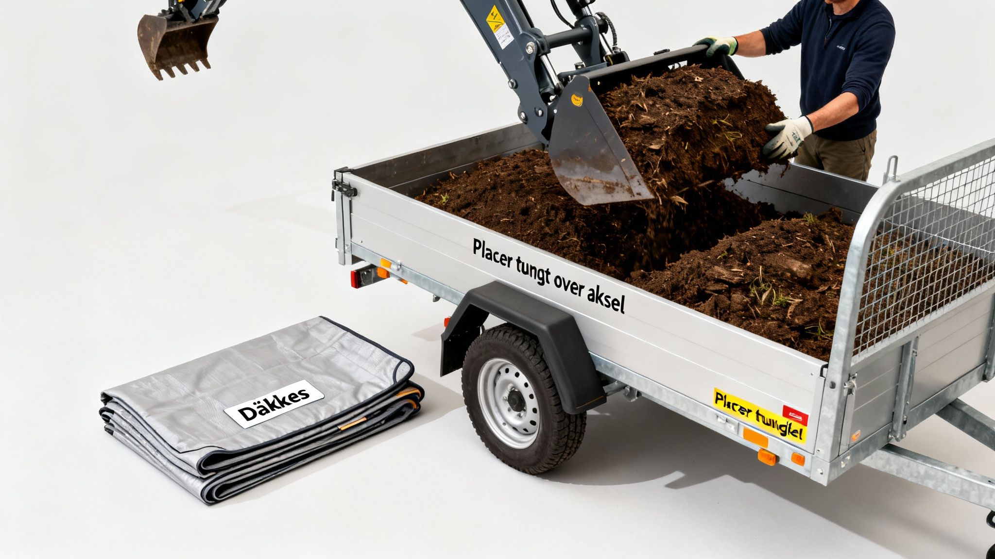 En minigraver læsser harpet muldjord i en trailer, mens en person assisterer. En presenning ligger ved siden af.