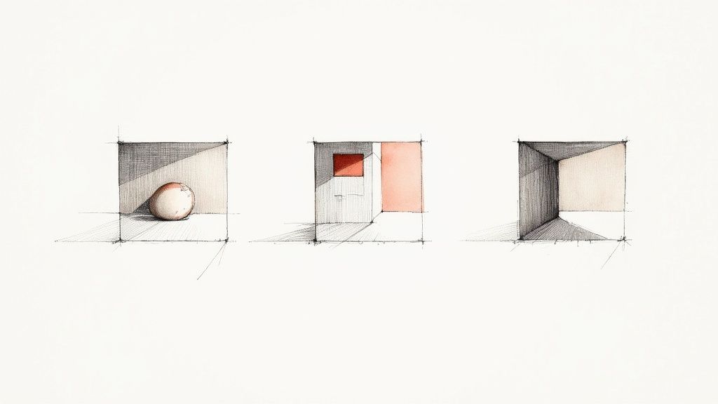 Tre abstrakte skitser viser lys, skygge, perspektiv og enkle former, herunder et æg i en boks.