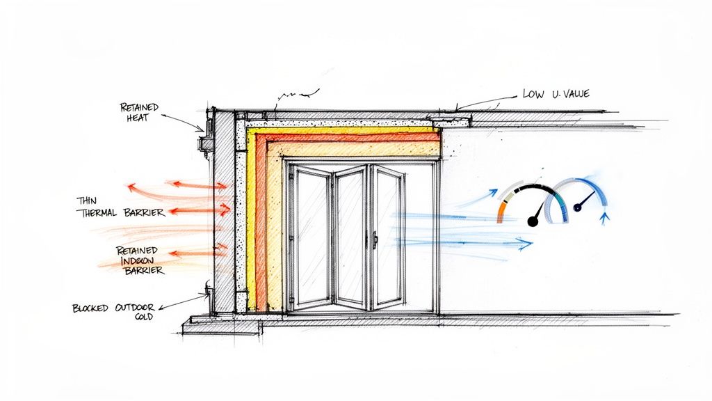 Illustration af termisk isolering omkring en foldedør, der viser varmebevaring, tynd barriere og lav U-værdi for bedre energieffektivitet.