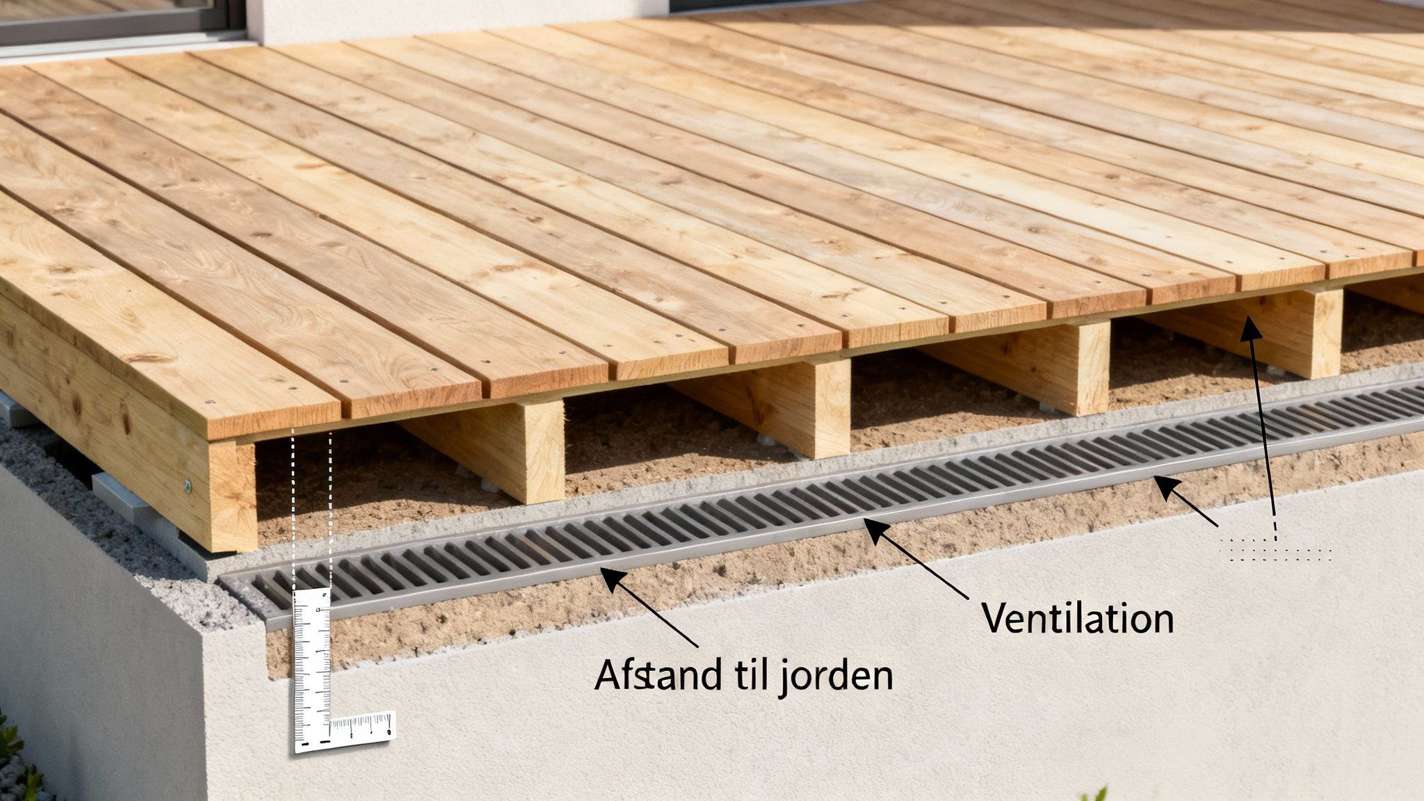 Detaljeret tværsnit af træterrasse med dræn, ventilation og korrekt afstand til jorden, illustreret med mål.
