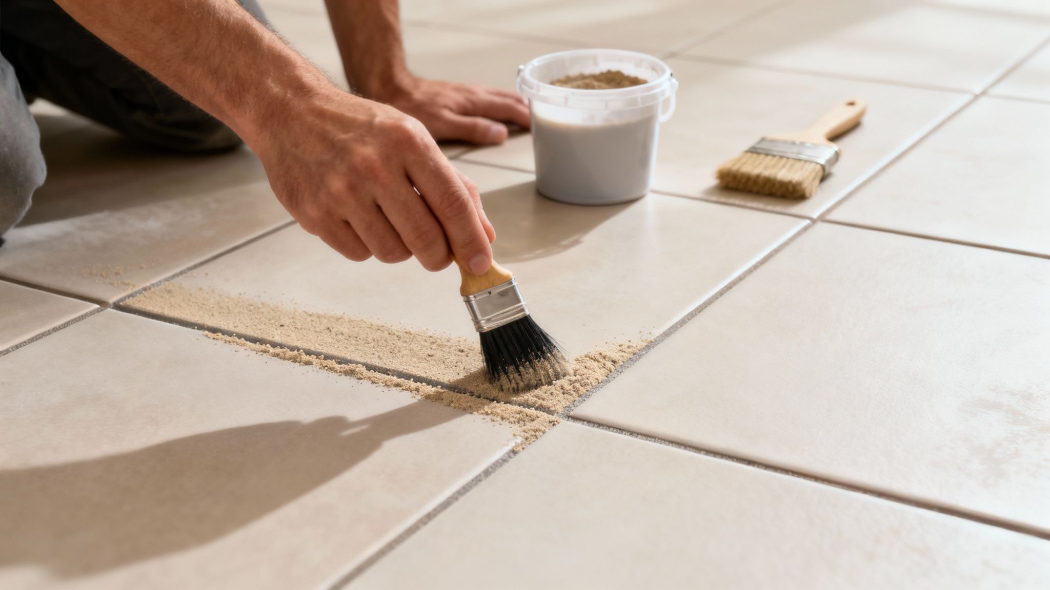 En person påfører imprægnering på nyrensede fliser med en sprøjte for at beskytte dem.