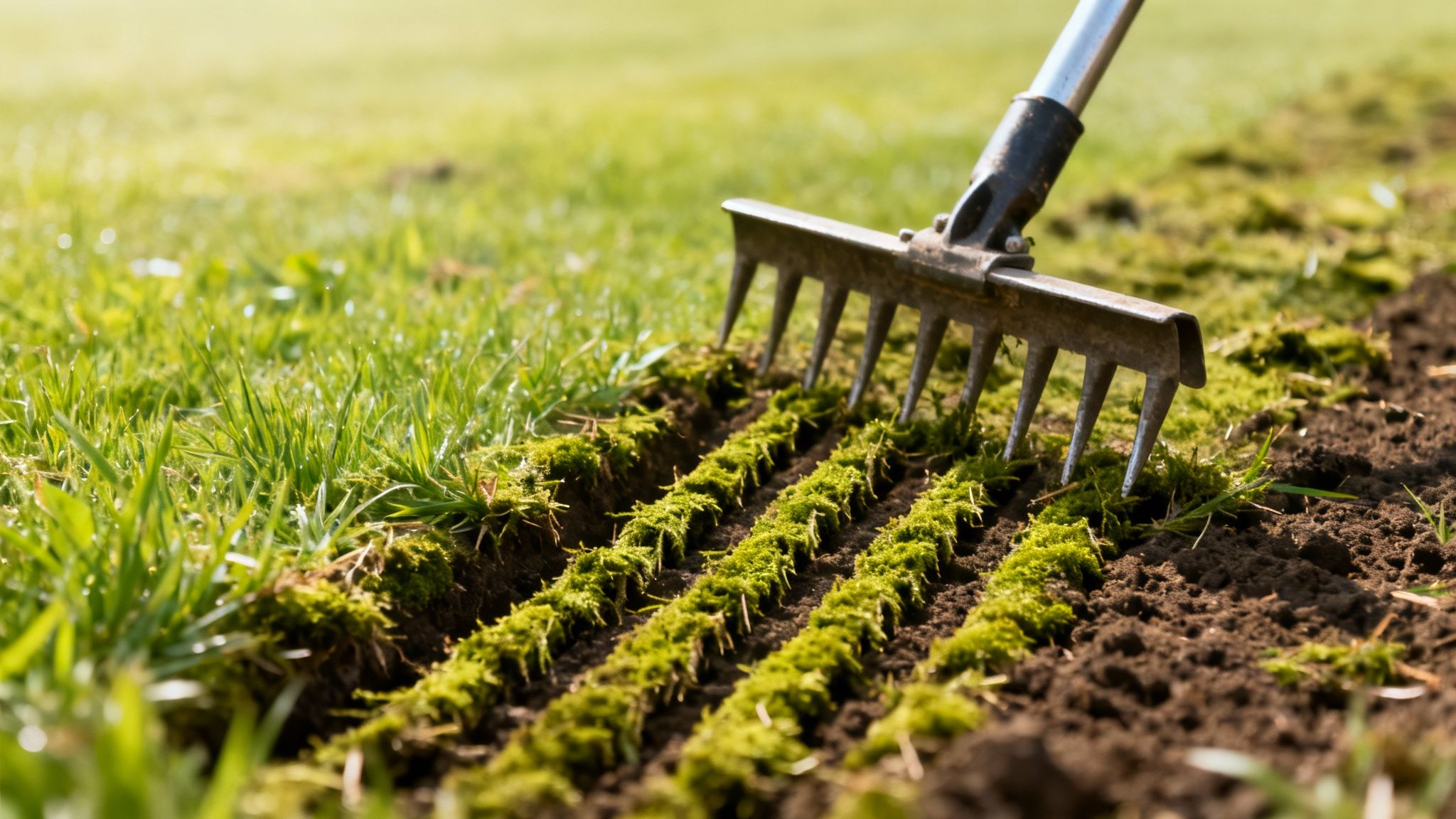 En metalrive trækker mos op af en græsplæne, hvilket skaber pæne rækker af bar jord og grønt græs.