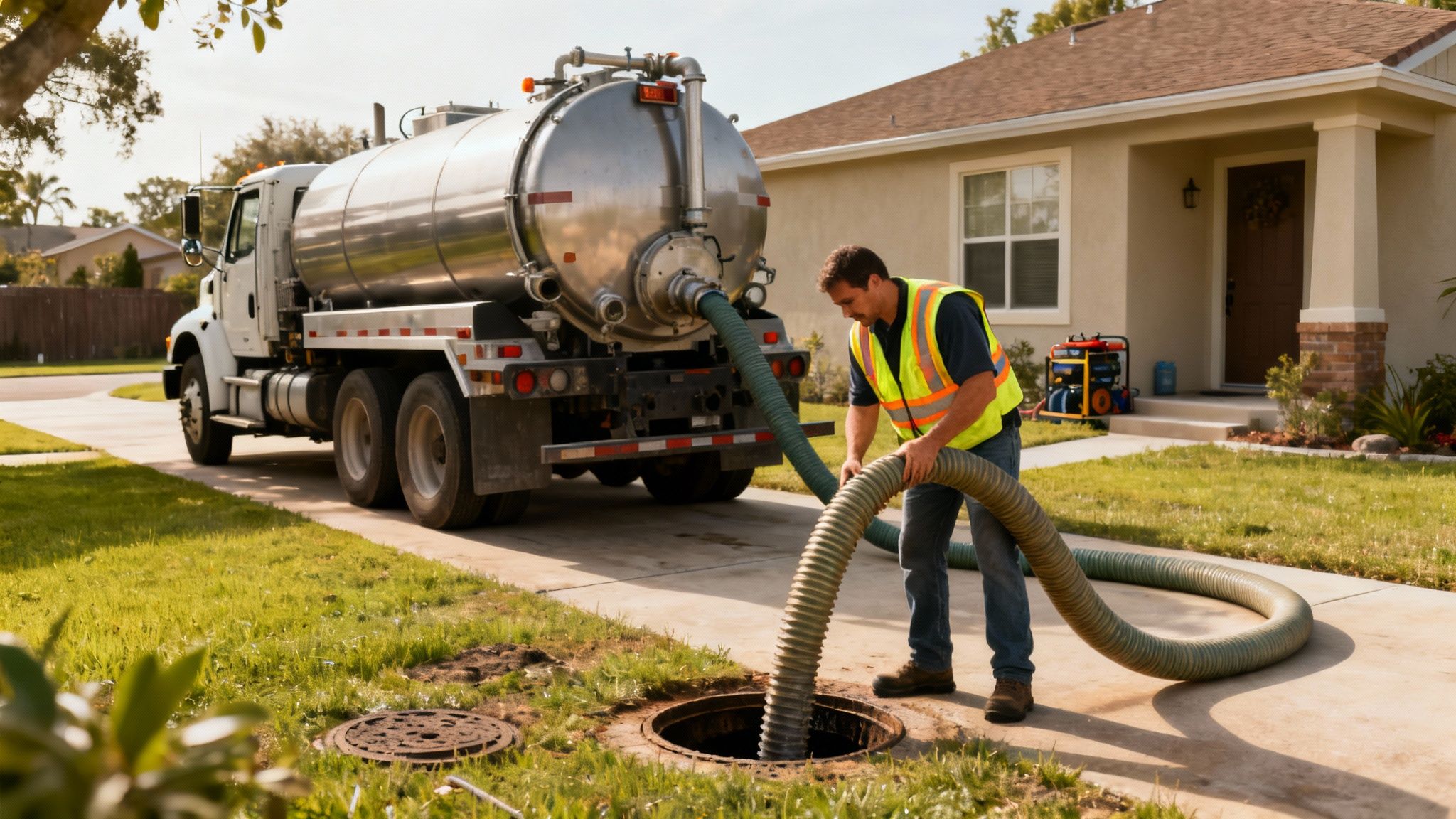 En slamsuger tømmer en septiktank foran et hus. Arbejderen bærer sikkerhedsvest og håndterer slangen.