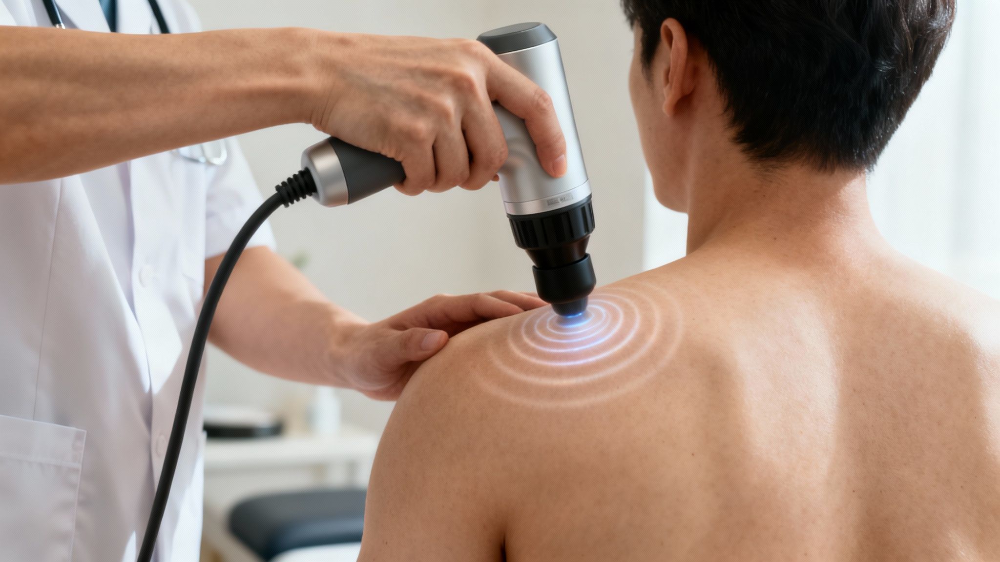 Læge behandler en mands skulder med et terapeutisk apparat, der viser lysende bølger på huden.