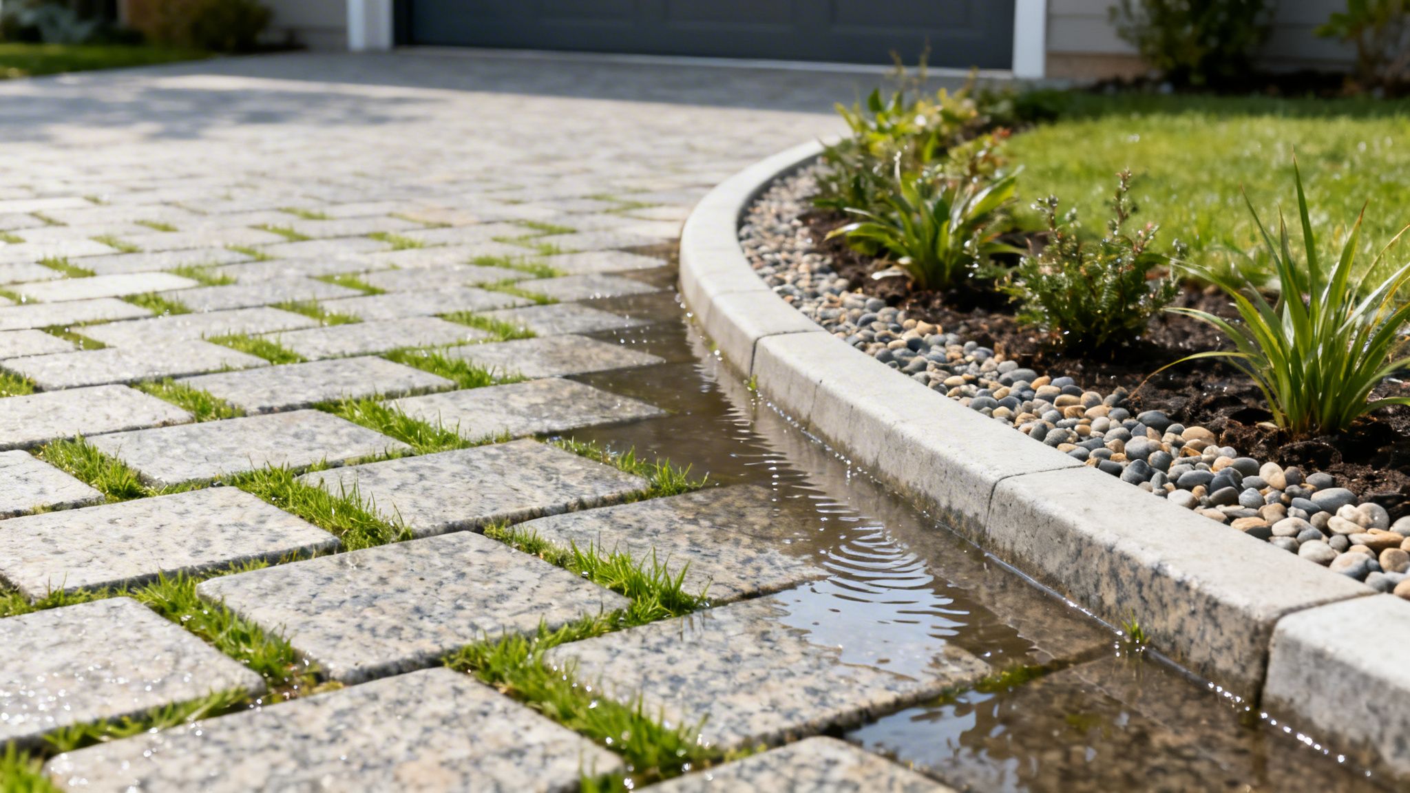 En permeabel indkørsel med græs mellem sten, en vandrende rende og en kant af granit med planter og småsten.