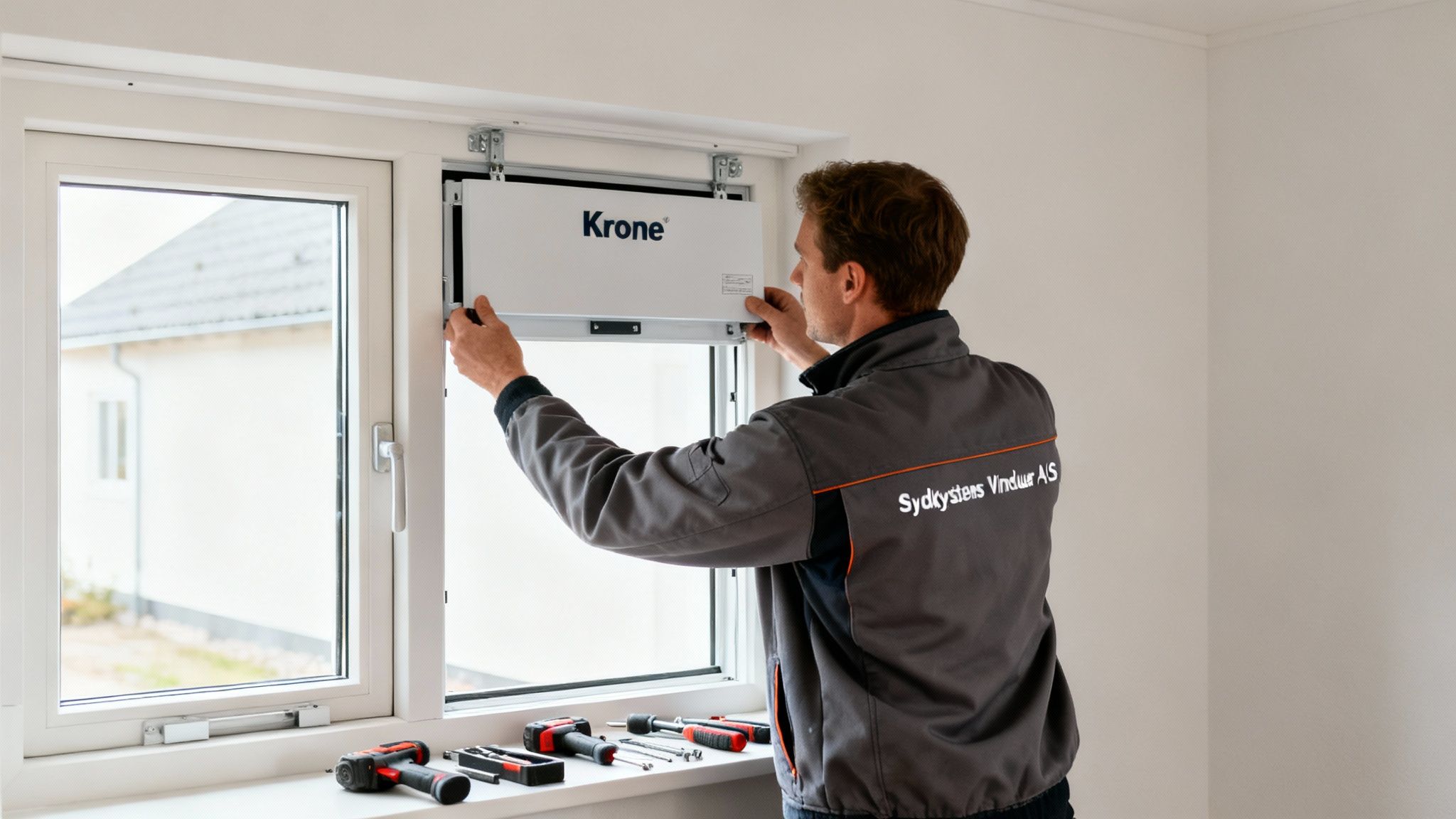 En mand monterer et hvidt Krone-mærket element i en vinduesramme, med værktøj på vindueskarmen.