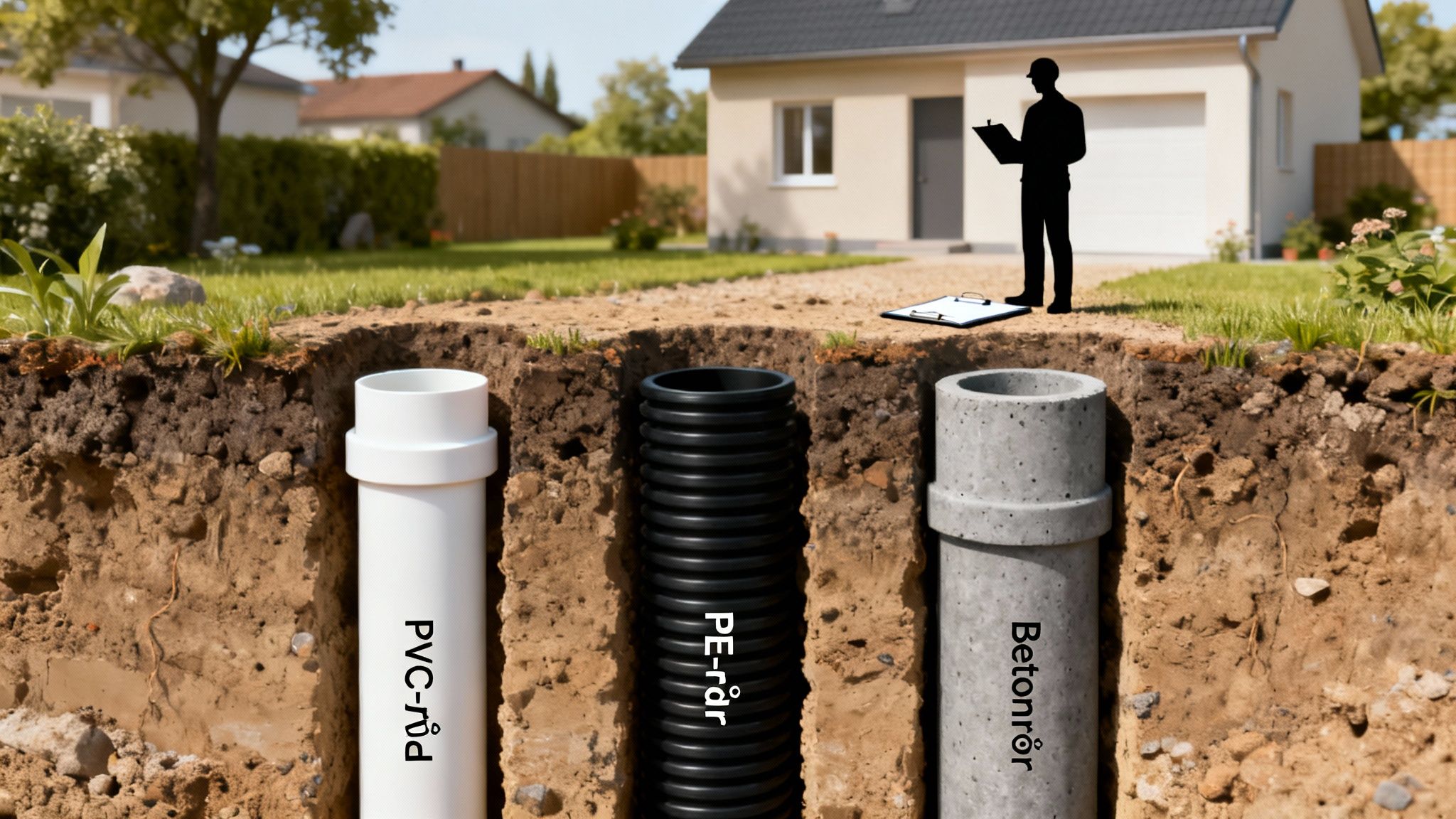 Tværsnit af jord med tre forskellige typer kloakrør (PVC, PE, beton) foran et hus.