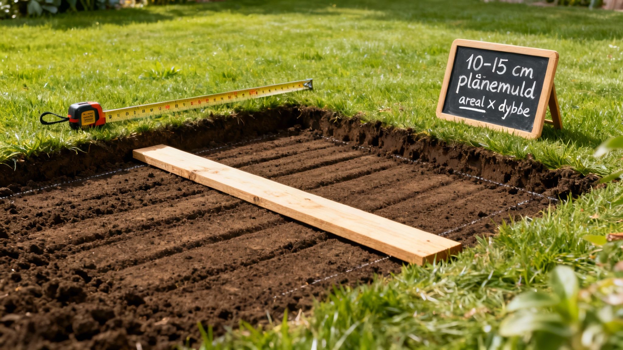 Forberedelse af græsplæne med målebånd, træplanke og skilt om jorddybde i haven.