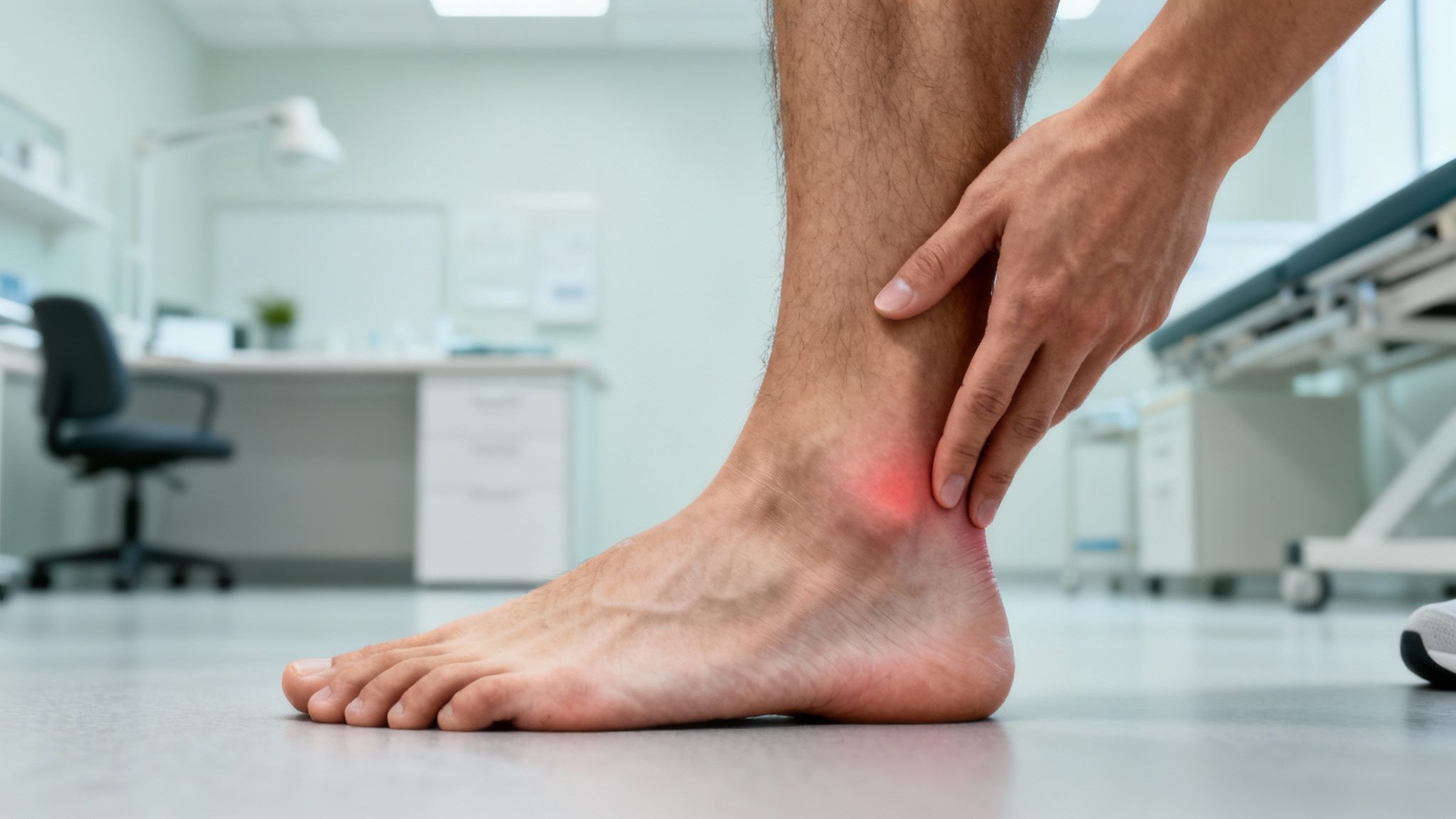 En mand holder om sin ankel, hvor en rød plet indikerer smerte, i en lægeklinik.