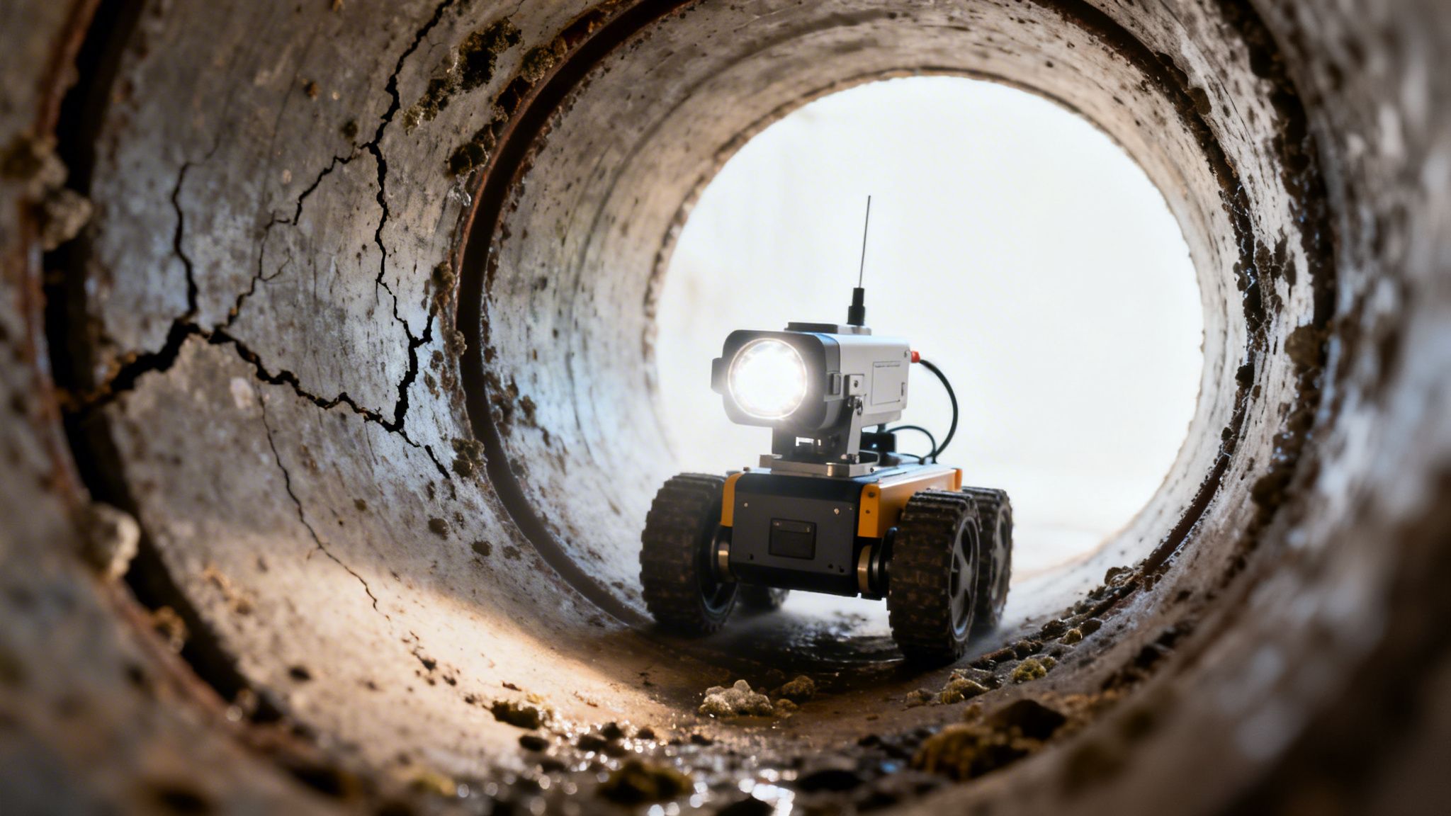 Et robotkamera med kraftigt lys inspicerer et beskidt og revnet kloakrør for skader og blokeringer.