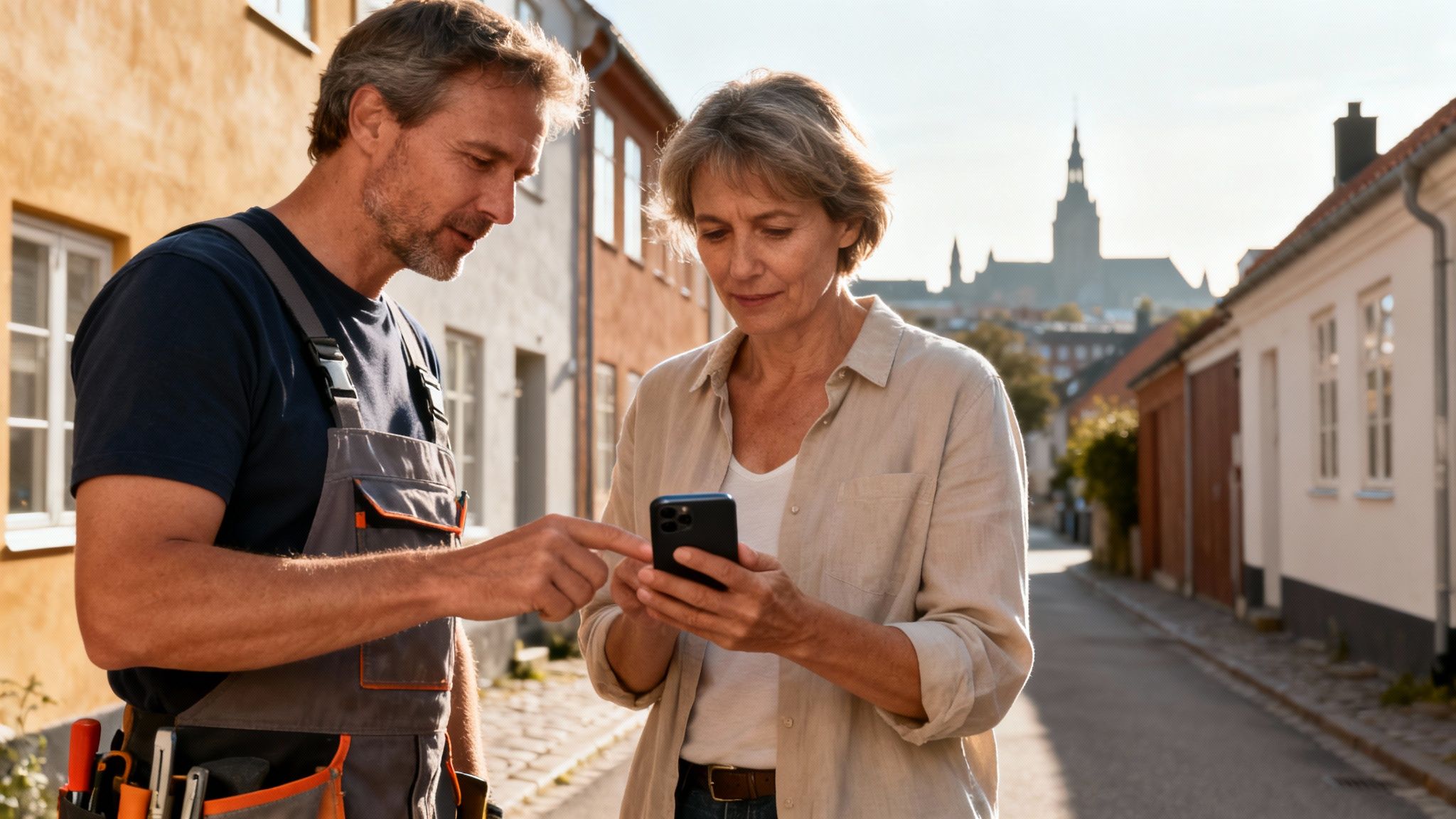 Tømrer og kunde gennemgår detaljer på en smartphone i en hyggelig gade.