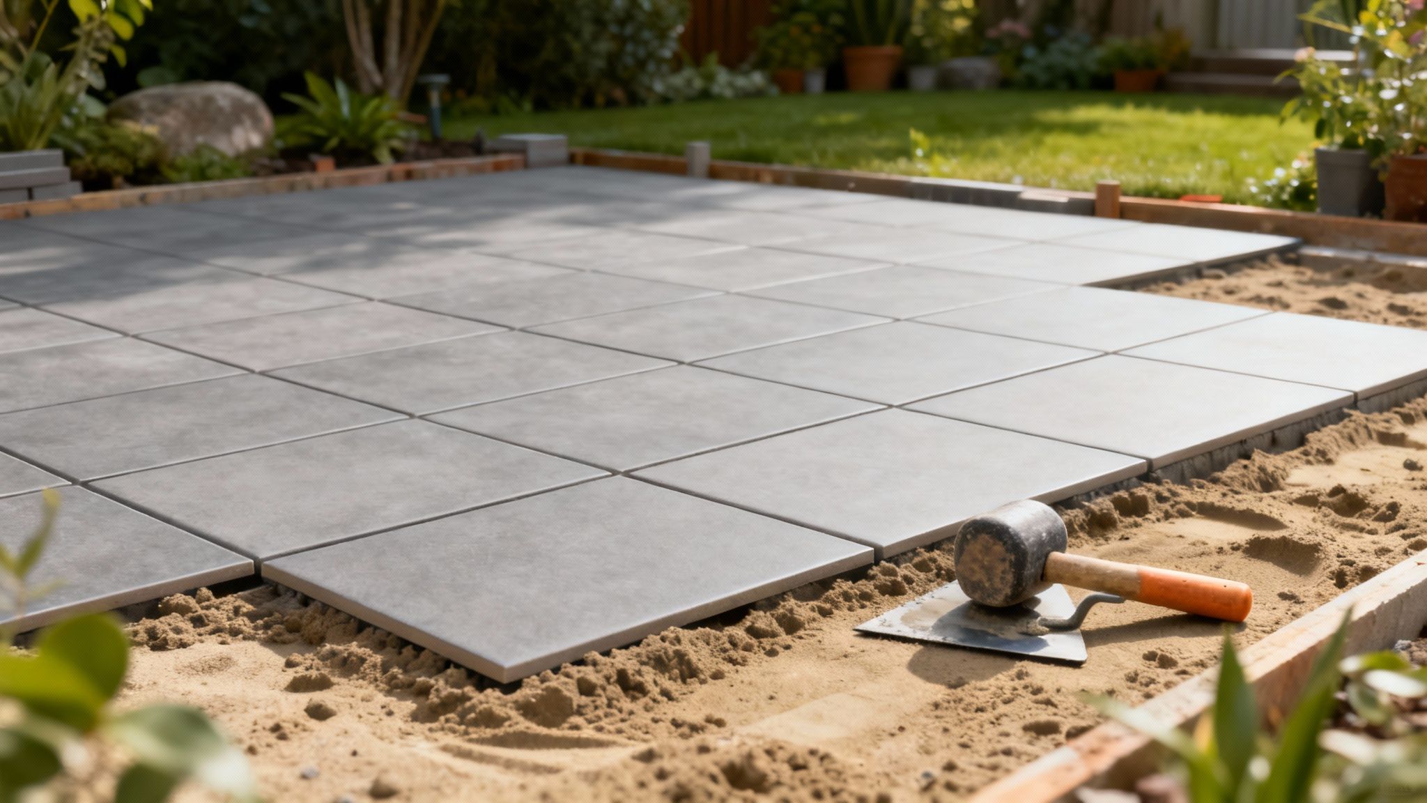 En nyanlagt fliseterrasse med moderne, store grå fliser