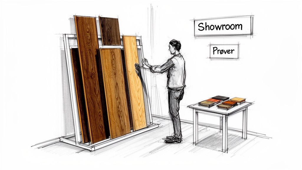 Skitse af en person, der ser på store trægulvsprøver i et showroom, med et bord med mindre prøver.