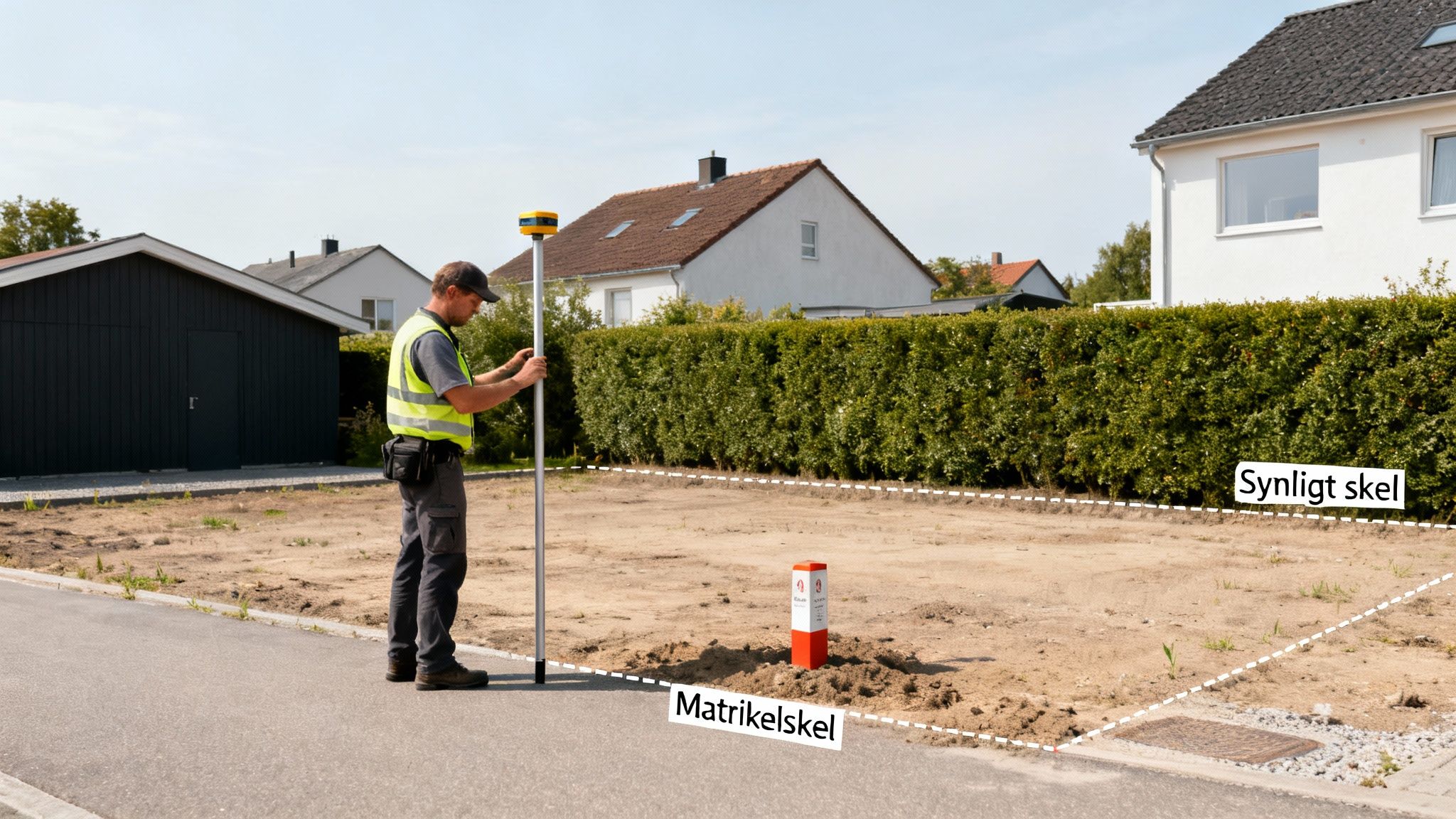 En landmåler måler op på en byggegrund med et GNSS-udstyr og viser grundens grænser.
